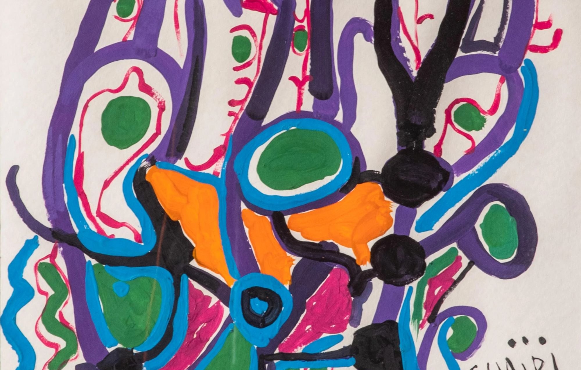 L'image présente une composition colorée et abstraite, avec des formes organiques et des lignes sinueuses qui s'entrelacent. On y trouve des cercles, des formes ovales et des motifs floraux qui semblent se déployer vers le haut. Les couleurs vives telles que le vert, l'orange, le bleu, et le violet créent un contraste dynamique. Le nom "CHAIBI A" est inscrit dans un coin, ajoutant une touche personnelle à cette œuvre. L'ensemble dégage une impression mouvementée et expressive.