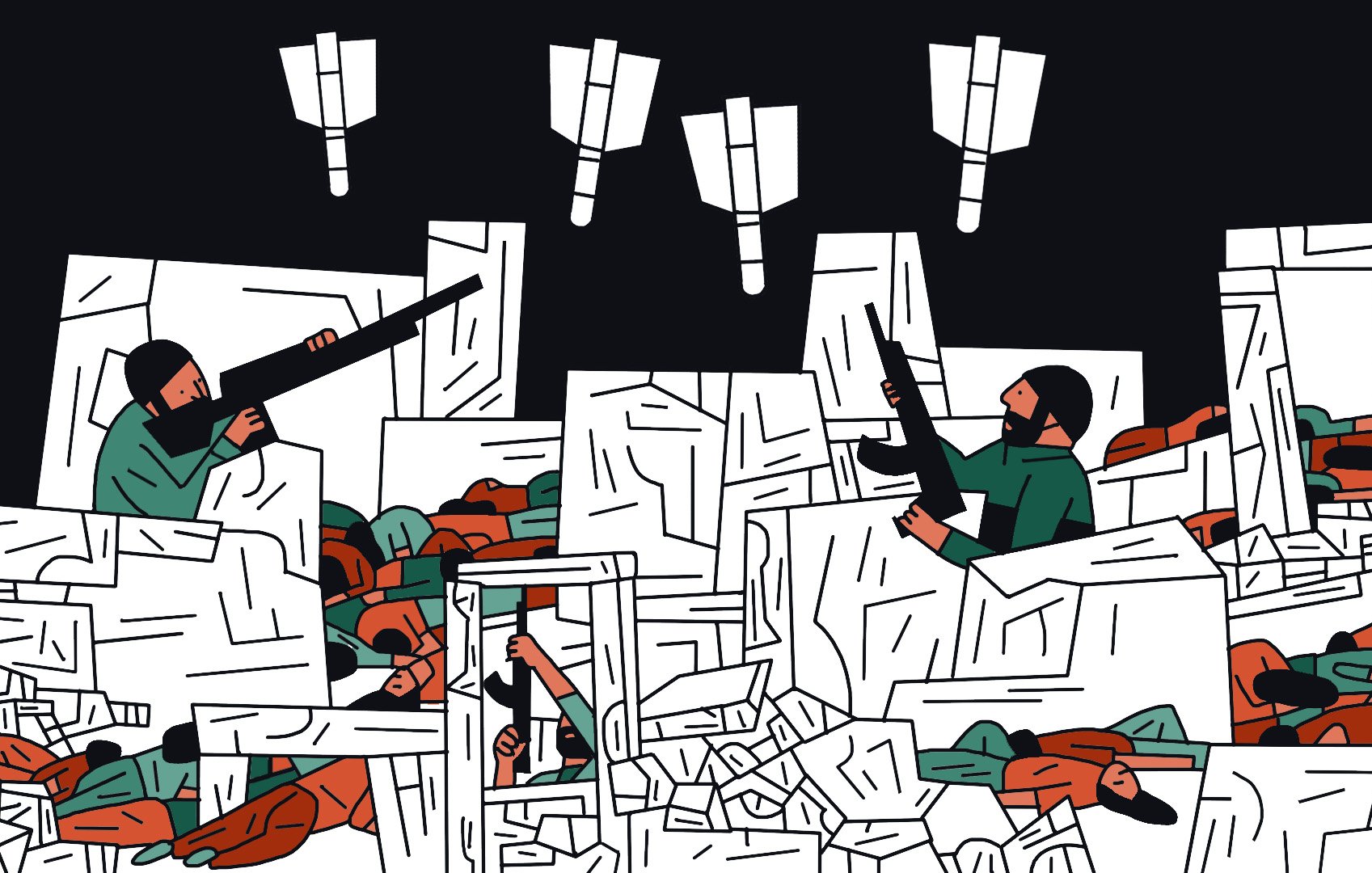 L'image semble représenter une scène chaotique et dramatique avec des personnages qui se battent au milieu de débris. Il y a des silhouettes de soldats armés, ainsi que des corps dispersés, suggérant une situation de conflit intense. Des projectiles ou des objets tombent du ciel, ajoutant à l'atmosphère de tension et de désespoir. L'utilisation de couleurs vives contraste avec l'arrière-plan sombre, accentuant l'urgence de la scène.