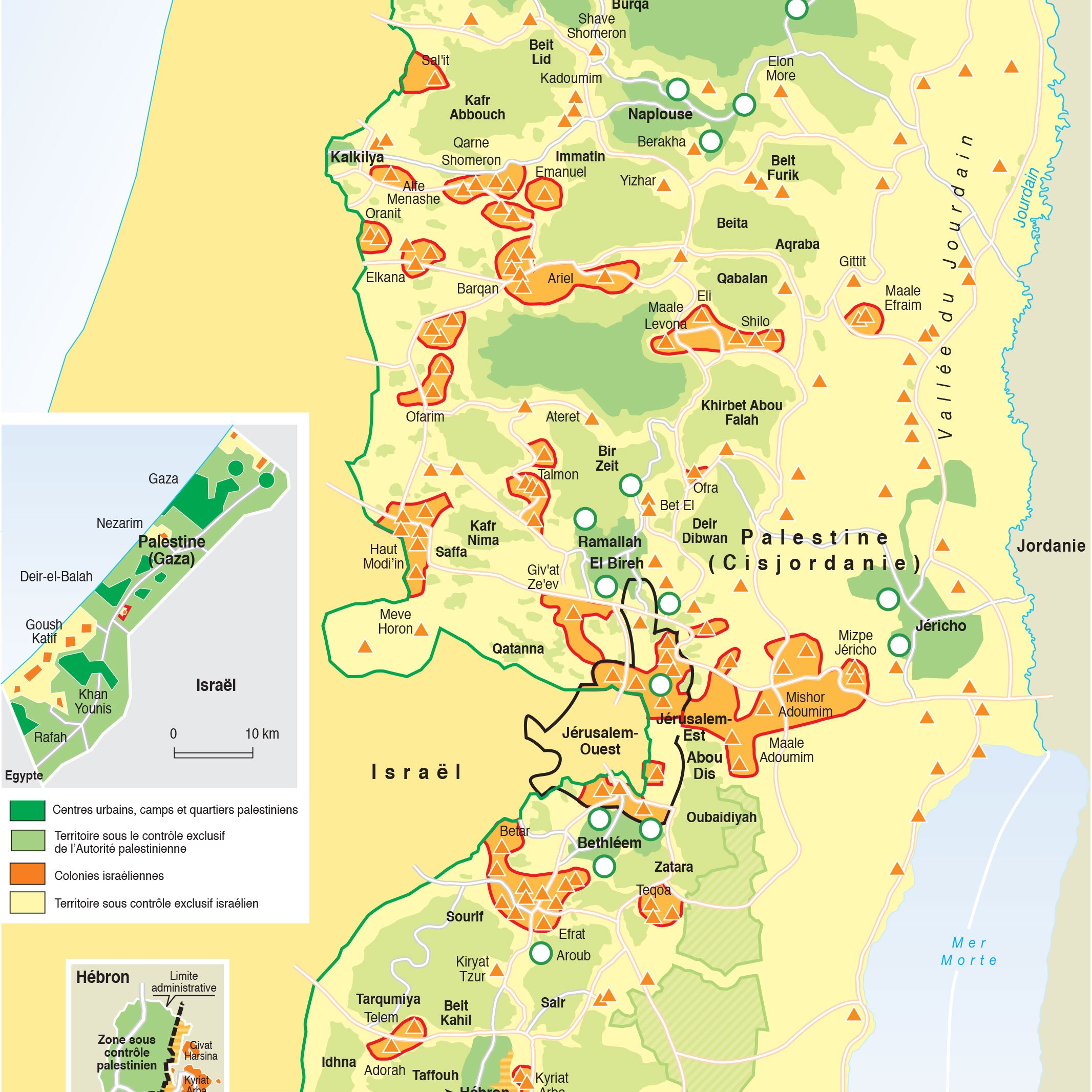 Cette image représente une carte détaillée de la Palestine et de la région environnante, montrant des zones de contrôle, des villes importantes et les frontières entre Israël et les territoires palestiniens. La carte utilise des couleurs et des symboles pour indiquer les zones A, B et C, qui sont associées à différents niveaux de contrôle administratif. On peut également voir des indications géographiques, comme des montagnes, des rivières et d'autres caractéristiques du terrain. En bas à gauche, il y a une carte plus petite qui montre la localisation de la Palestine dans la région du Moyen-Orient.