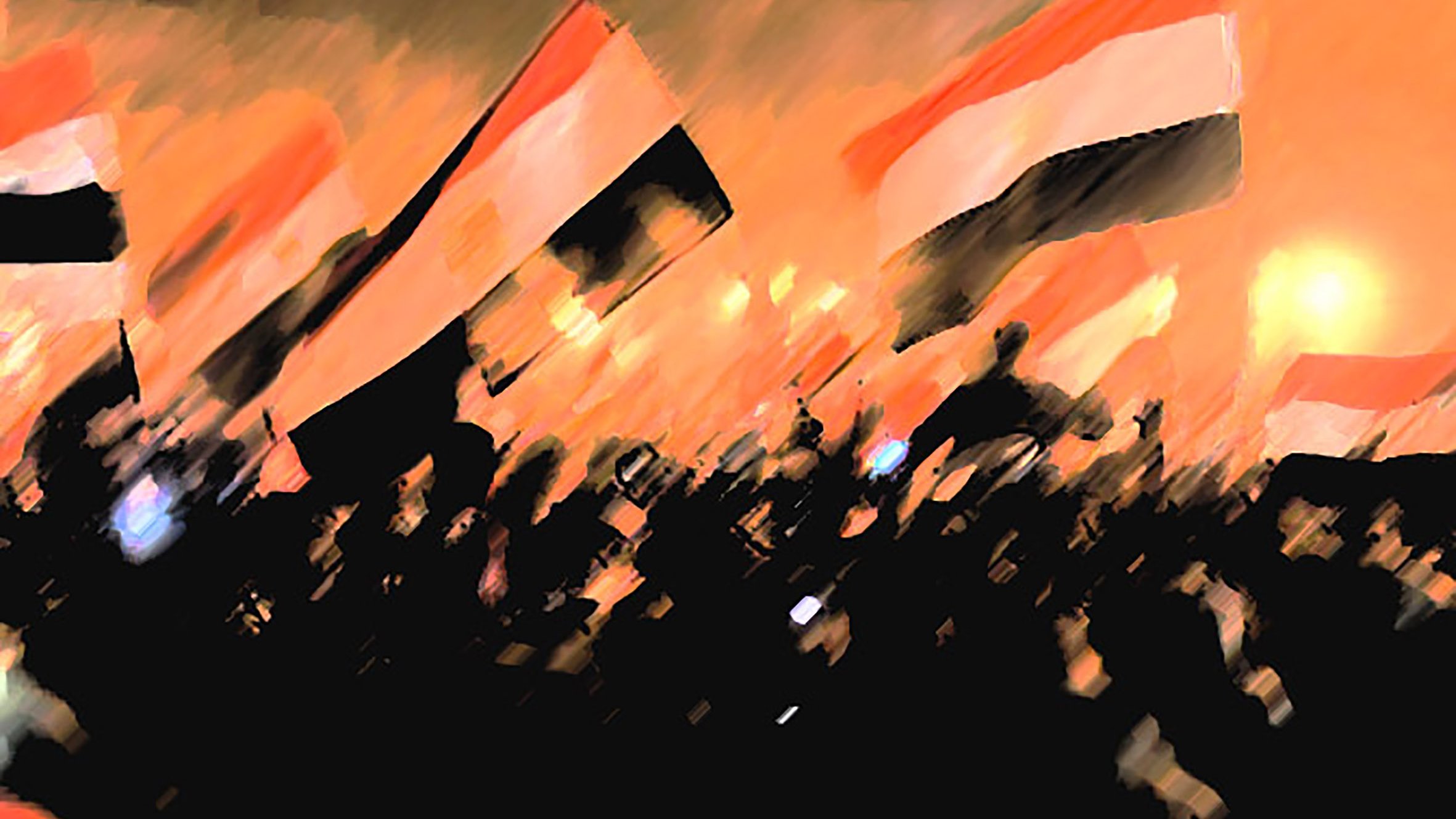L'image montre une scène de foule en plein rassemblement, probablement lors d'une manifestation. De nombreux drapeaux sont levés, affichant les couleurs nationales, suggérant un événement patriote. L'ambiance semble festive ou chargée d'émotion, avec des silhouettes de personnes qui se distinguent dans un environnement flou, créant une impression de mouvement et d'énergie. Les teintes de l'image oscillent entre des nuances chaudes et des ombres, renforçant l'intensité de la scène.