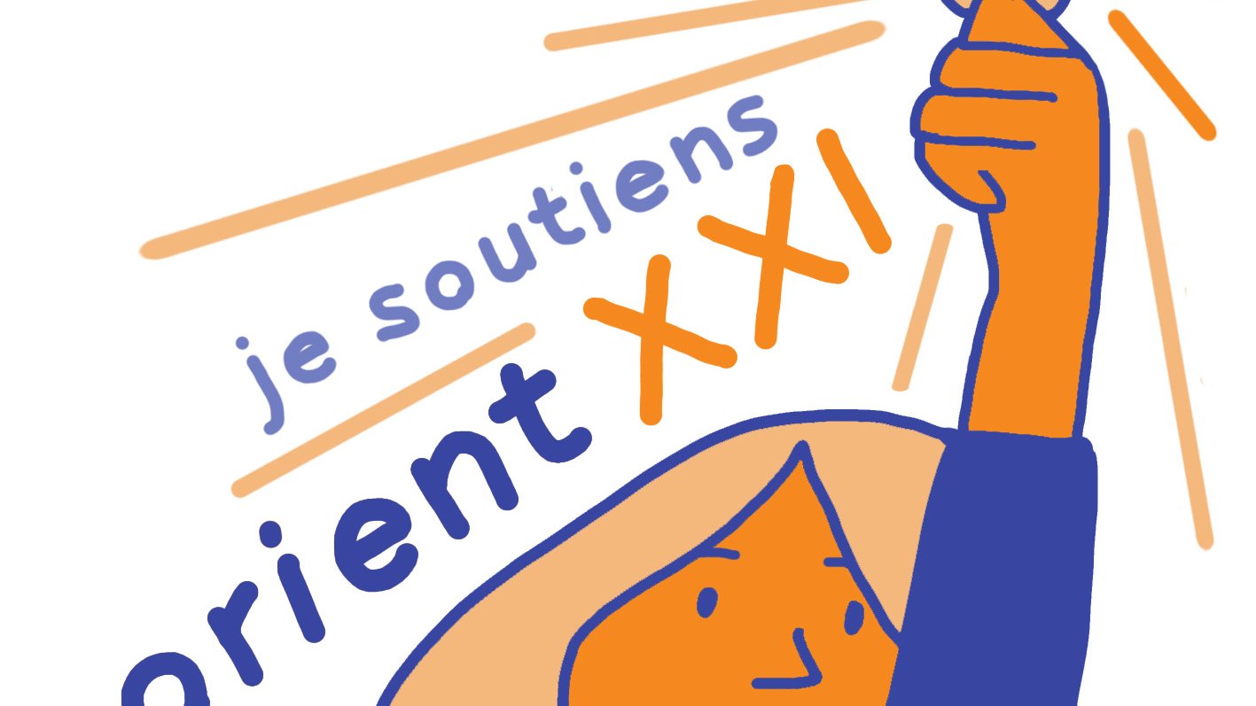 L'image représente une illustration stylisée d'une personne levant la main, tenant une pièce de monnaie. La personne a un visage souriant et des traits simples, avec des couleurs principalement orange et bleue. En arrière-plan, il y a des mots en lettres stylisées qui disent "je soutiens orient XXI", intégrant un élément visuel de lumière ou d'énergie qui émane de la pièce. L'ensemble donne une impression de soutien et d'engagement.