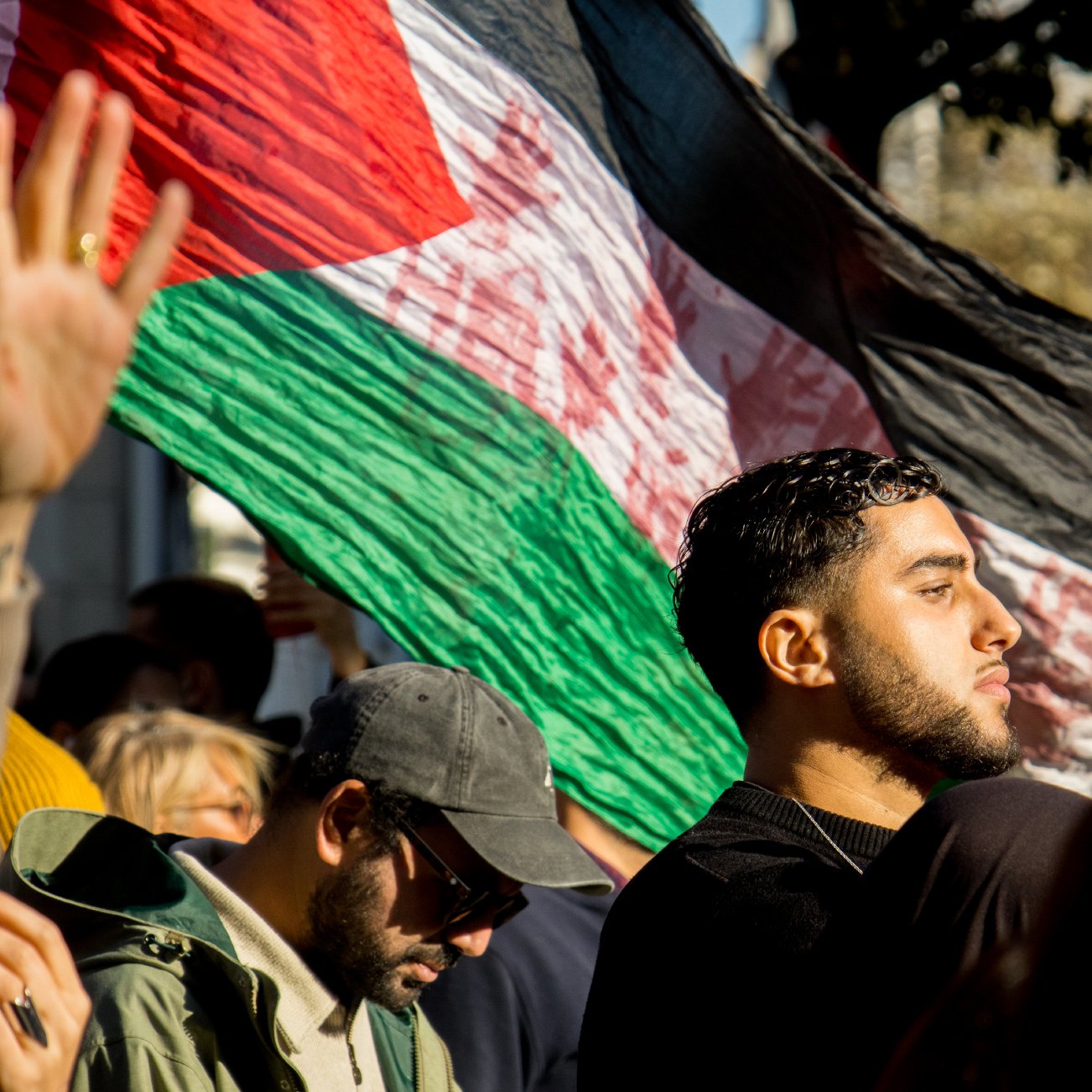در این تصویر، گروهی از افراد در حال برگزاری یک تظاهر یا تجمع هستند. یک مرد جوان در جلو تصویر دیده می‌شود که به پرچم کشور خود (که احتمالاً پرچم فلسطین است) افتخار می‌کند. او با جدیت به جلو نگاه می‌کند. در پس‌زمینه، تعدادی از افراد دیگر نیز حضور دارند که برخی از آن‌ها کلاه به سر دارند و به نظر می‌رسد که در حال حمایت از یک هدف مشترک هستند. نور آفتاب به تصویر زیبایی لطافتی می‌بخشد و فضای تجمع را گرم و زنده نشان می‌دهد.
