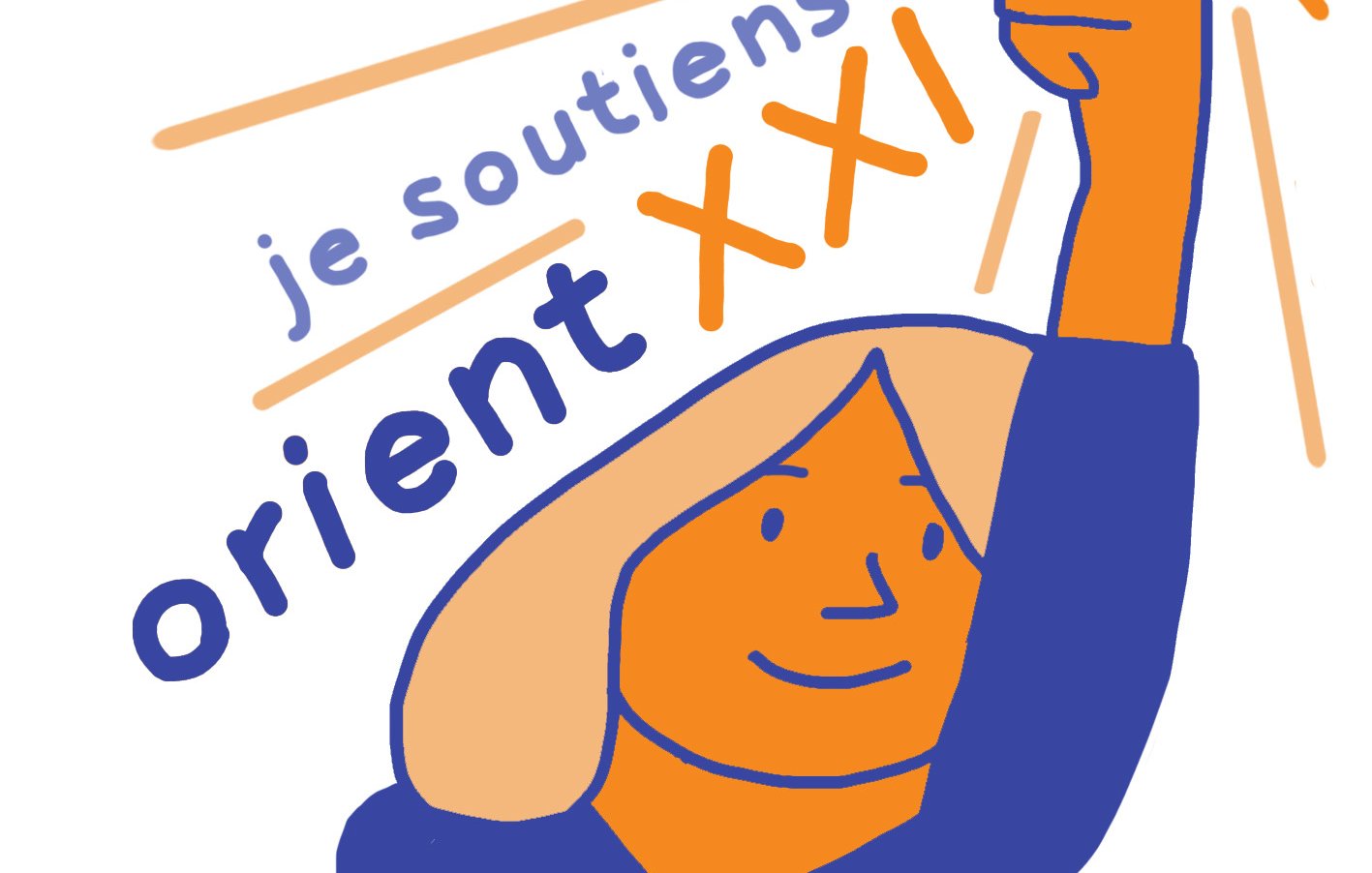 L'image représente une personne avec un sourire, levant la main et tenant une pièce de monnaie. Elle est illustrée dans des tons de bleu et d'orange, ce qui lui donne un aspect dynamique et engageant. Les mots "je soutiens orient XXI" sont écrits à côté, exprimant un message de soutien et d'enthousiasme. L'ensemble de l'image transmet une atmosphère positive et motivante.