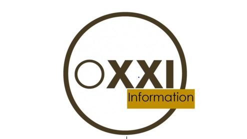 L'image représente un logo circulaire. À l'intérieur de ce cercle, on peut voir le mot "OXXI" en lettres majuscules, de couleur noire, suivi du mot "Information" écrit en lettres dorées. Le design est sobre et moderne, avec une combinaison de typographies qui attire l'attention. Le cercle encadrant le texte apporte une touche d'harmonie au logo.
