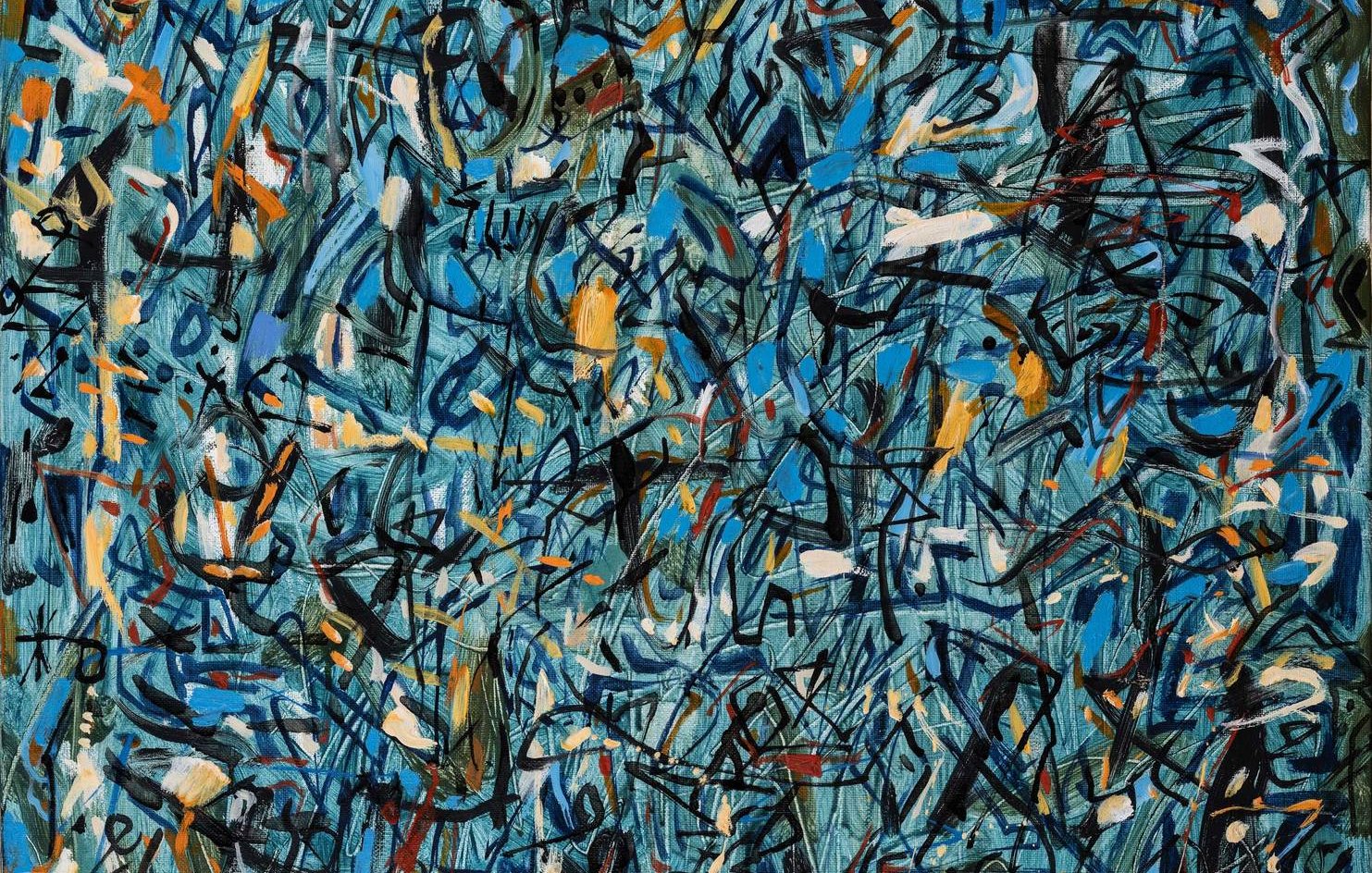 L'image représente une œuvre d'art abstraite, dominée par des tons de bleu, noir et orange. Le tableau est composé de nombreuses lignes et formes entrelacées qui créent une impression de mouvement et de complexité. Les coups de pinceau sont dynamiques, suggérant à la fois chaos et harmonie. La juxtaposition des couleurs et des formes donne une sensation de profondeur et d'énergie, invitant le spectateur à explorer les détails intrigants de cette composition.
