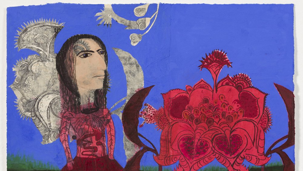 Cette image représente une femme stylisée, avec un visage expressif et des traits marqués. Elle se tient dans un paysage coloré, probablement sous un ciel bleu. À côté d'elle, il y a une grande fleur rouge ornée de motifs complexes. Le fond est composé de divers éléments, comme des formes organiques et des motifs répétitifs, qui enrichissent la composition. L'ensemble dégage une atmosphère à la fois fantastique et vibrante.