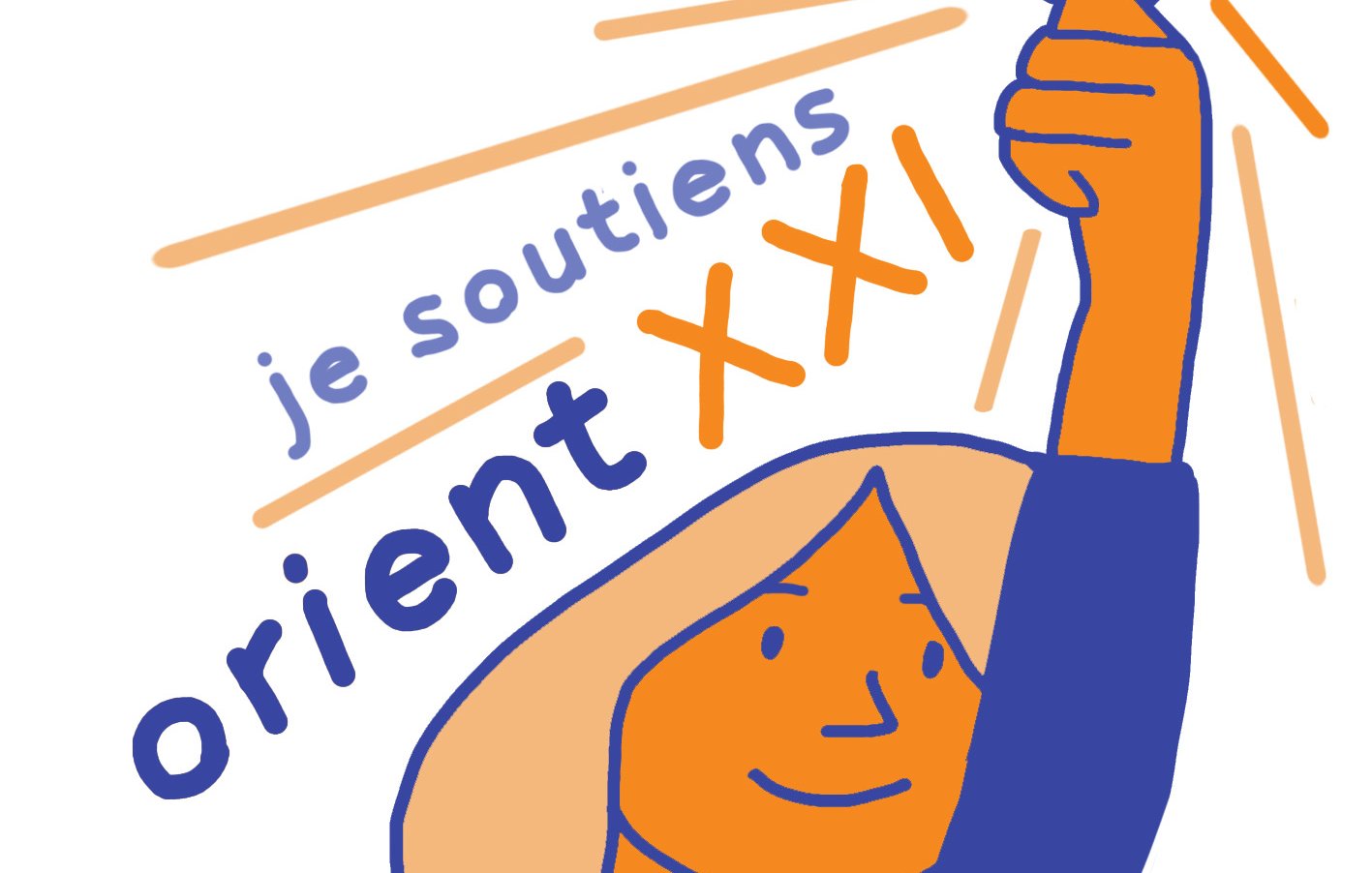 L'image représente une personne avec un sourire, levant une main qui tient une pièce de monnaie. Le personnage est dessiné dans des couleurs vives, avec des tons orange et bleu. En arrière-plan, on peut voir le texte "je soutiens orient XXI" écrit de manière dynamique, évoquant un message de soutien ou de promotion pour une cause ou un projet nommé "orient XXI". L'ensemble de l'illustration a un style graphique simple et engageant.
