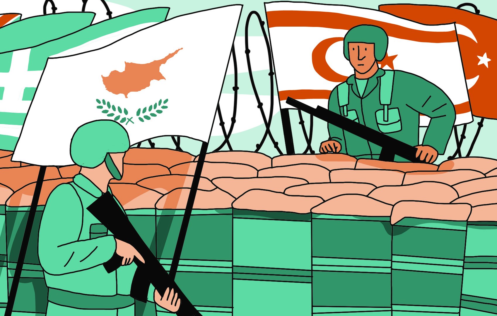 La imagen muestra a dos soldados en un entorno con barricadas, sosteniendo rifles. Al fondo, se pueden ver banderas que representan a Chipre (con un diseño que incluye el mapa del país y una rama de olivo) y a Turquía. El escenario sugiere una situación de tensión o división, posiblemente relacionada con conflictos históricos en la región. El estilo de la ilustración es simple y colorido, con un fondo en tonos suaves.