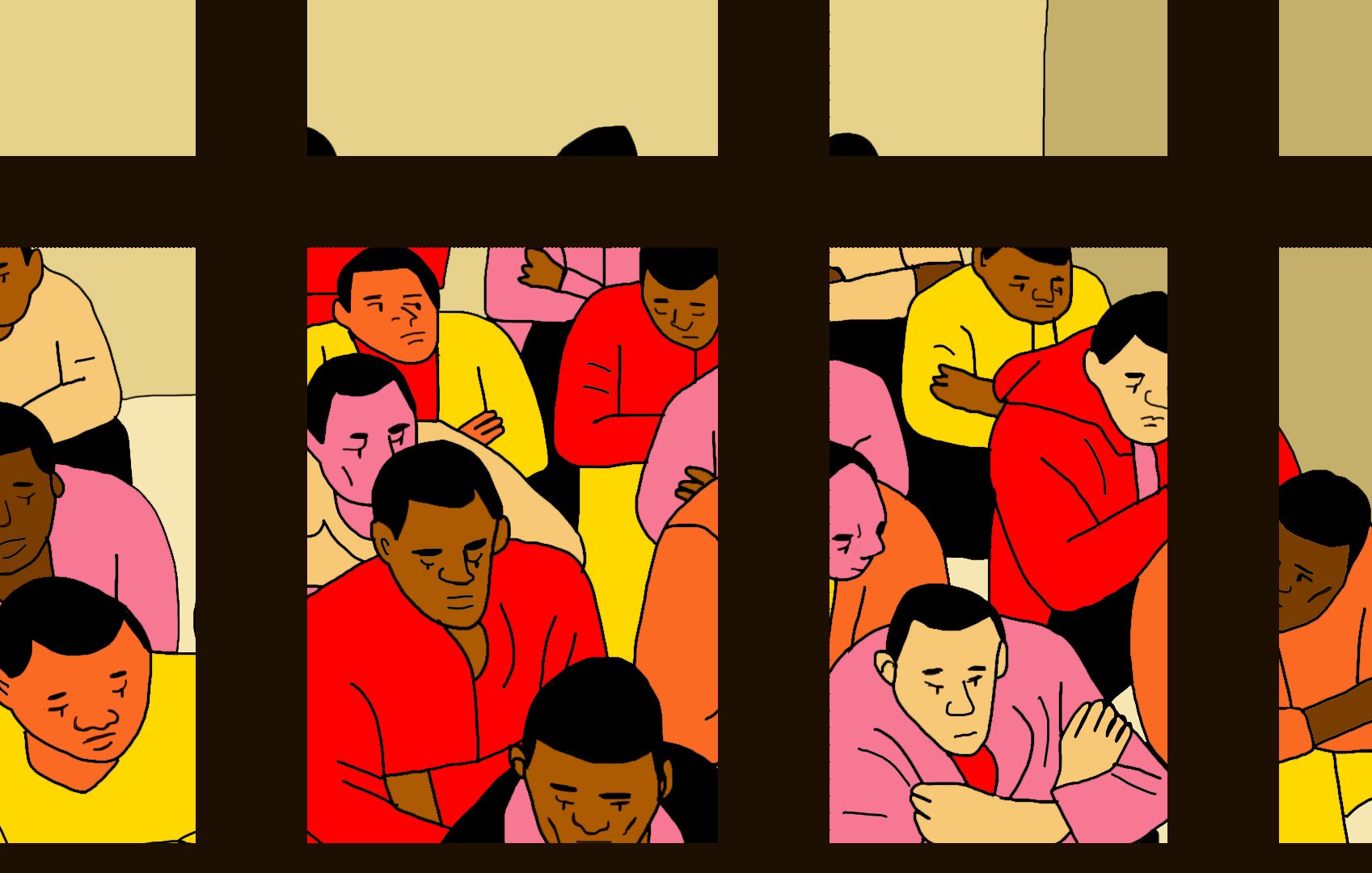 L'image montre un groupe de personnes assises à l'intérieur d'une pièce, vues à travers une fenêtre. Les individus sont vêtus de vêtements de différentes couleurs, principalement du rouge, du jaune et du rose. Ils semblent pensifs et concentrés, certains avec les bras croisés, ce qui transmet une atmosphère de réflexion ou de tension. Les murs derrière eux sont de couleur claire, contrastant avec leurs vêtements colorés. L'ensemble de la composition évoque une certaine mélancolie ou une situation de confinement.