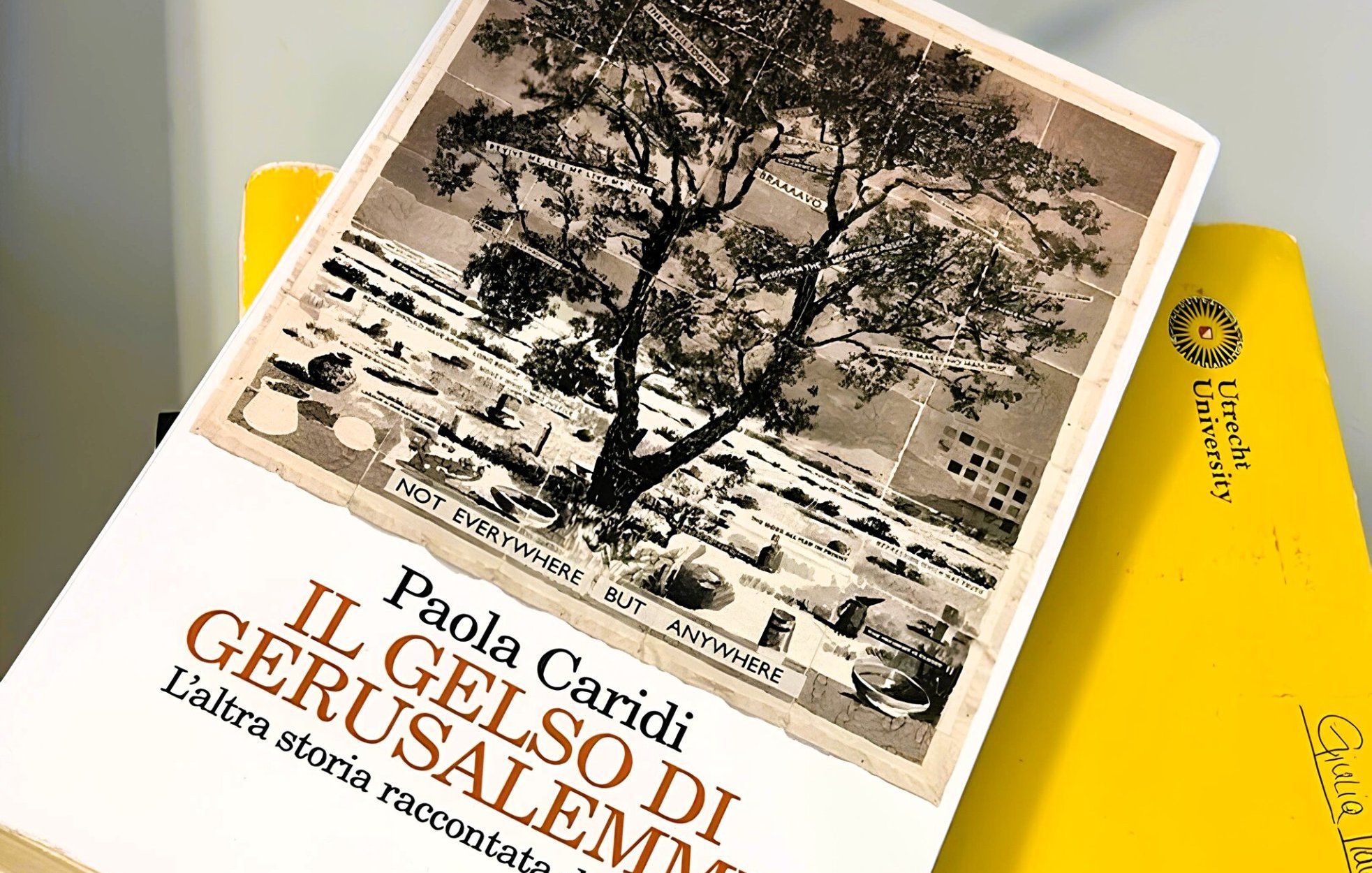 L'immagine mostra un libro intitolato "Il gelso di Gerusalemme" di Paola Caridi, con una copertina bianca e un'illustrazione di un albero. Accanto al libro ci sono alcuni quaderni e una penna, creando una composizione ordinata.