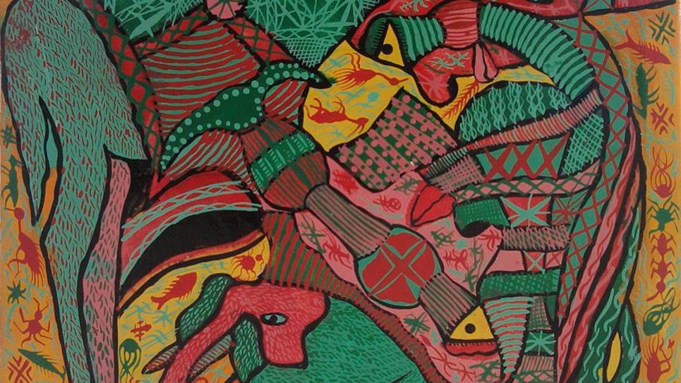 L'image représente une œuvre d'art abstraite et colorée, où plusieurs formes animales et motifs géométriques se mêlent. On peut distinguer des silhouettes d'animaux, comme un éléphant et des chevaux, entourées de motifs vibrants en rouge, vert et orange. Les détails sont riches, avec des traits sinueux et des motifs répétitifs, créant une composition dynamique et captivante. L'ensemble dégage une ambiance ludique et énergique, typique de l'art contemporain.