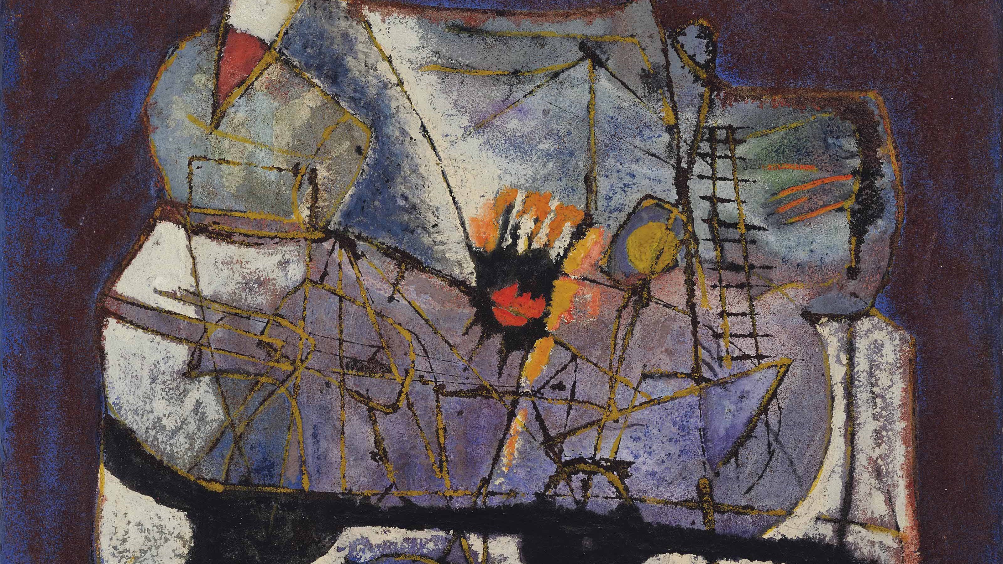 L'image représente une composition abstraite aux couleurs vives et aux formes géométriques. On y voit des traits noirs qui délimitent diverses formes, évoquant peut-être des structures architecturales ou des éléments naturels. Les couleurs dominantes comprennent des tons de bleu, de violet, de jaune et d'orange, ce qui crée un contraste intéressant et dynamique. L'ensemble dégage une impression de profondeur et de mouvement, typique de l'art abstrait.