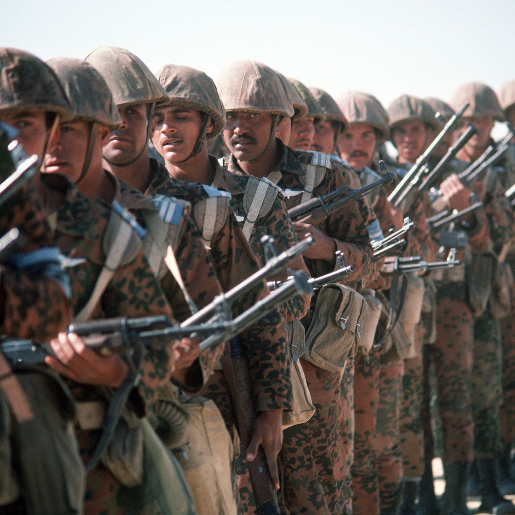 L'image montre une formation de soldats en tenue militaire, portant des casques et armés de fusils. Ils sont alignés en rangée, faisant face à l'objectif de la caméra. Leurs uniformes sont camouflés, et les expressions de leurs visages reflètent la concentration et la détermination. L'arrière-plan est désertique, suggérant un environnement de préparation militaire.