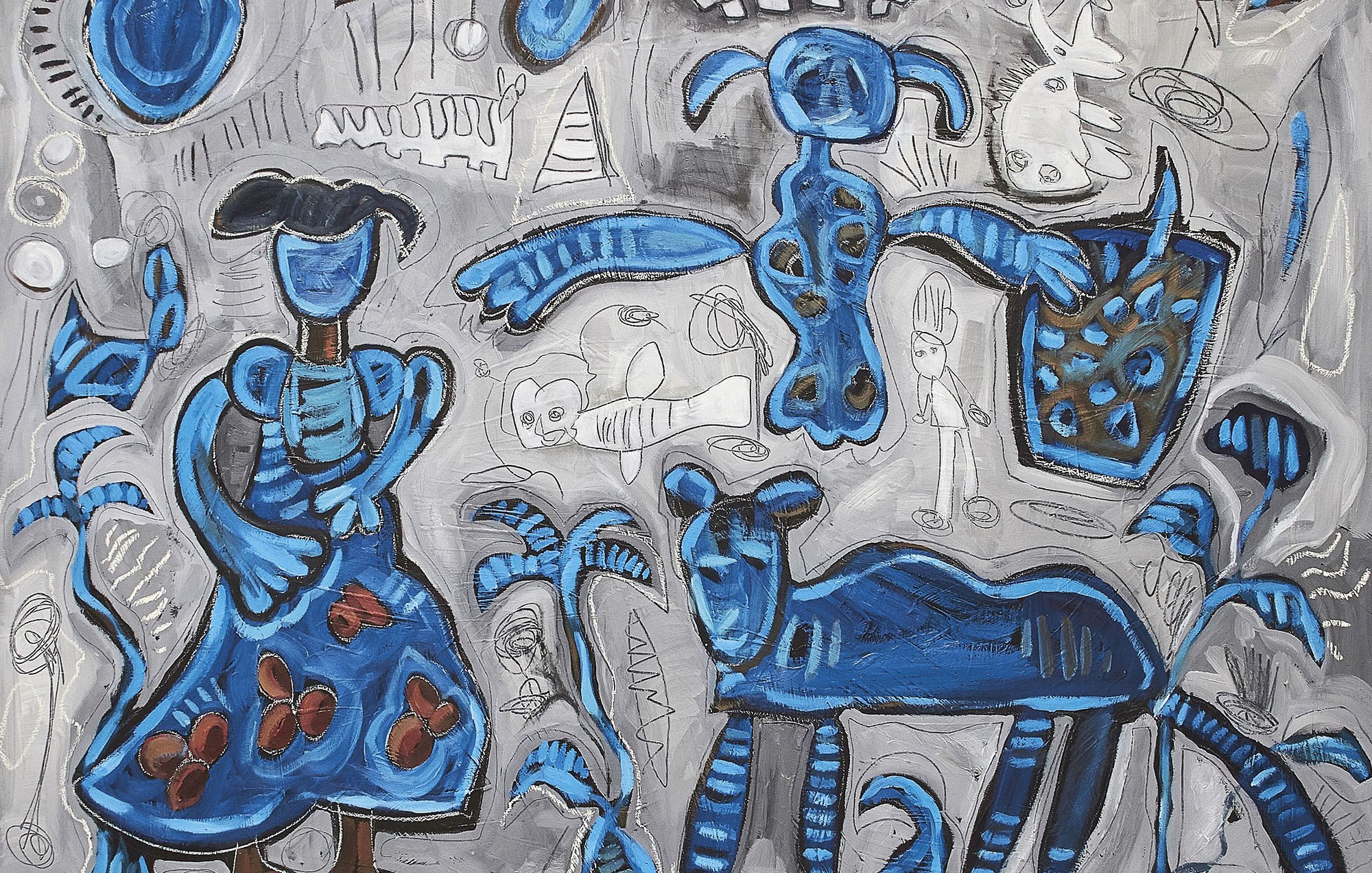 Cette image présente une composition artistique dominée par des tons de bleu et de gris. On y voit deux personnages stylisés : une femme portant une robe et un autre personnage qui semble pointer vers quelque chose. À leurs côtés, un animal ressemblant à un mouton se tient sur le sol. L'arrière-plan est composé de formes abstraites et de motifs, comprenant des lignes et des figures qui ajoutent une dynamique à l'œuvre. L'ensemble évoque un univers à la fois rêveur et figuratif, riche en émotions.