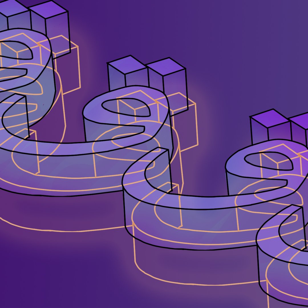 الصورة تظهر تصميمًا هندسيًا يتكون من أشكال متداخلة ورموز ثلاثية الأبعاد. الأشكال تبدو وكأنها تتكرر بشكل متسلسل، مع استخدام تدرجات اللون الأرجواني والرمادي لتضفي عمقًا بصريًا. الخطوط الخارجية للأشكال تم تحديدها بلون زاهي، مما يبرز الأشكال ويضيف لمسة عصرية للتصميم. تعطي الصورة انطباعًا بالتقنية أو الابتكار، مما يجعلها تبدو مميزة وفريدة من نوعها.