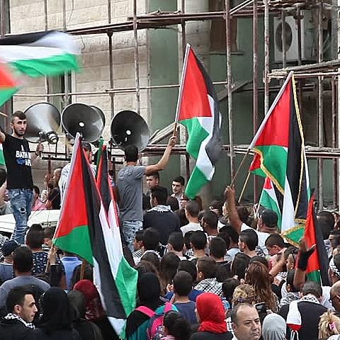 L'image montre une foule rassemblée, brandissant des drapeaux palestiniens. On peut voir des personnes de tous âges, certaines portant des keffiehs, symboles de la culture palestinienne. En arrière-plan, il y a des structures en construction, suggérant un environnement urbain en évolution. L'atmosphère semble dynamique et engagée, avec des expressions de solidarité et de détermination parmi les manifestants. Les haut-parleurs évoquent l'idée que des discours ou des chants sont en cours.