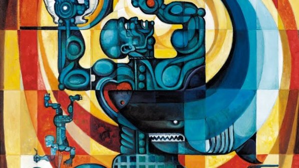 Cette image représente une composition colorée et stylisée, mélangeant des formes géométriques et des contours fluides. On y voit une figure centrale qui semble à la fois humaine et animale, levant une main tenant un objet circulaire. Les couleurs dominantes incluent des teintes de bleu, rouge et orange, créant un effet dynamique et vibrant. Le fond est constitué de motifs carrés et ondulés qui renforcent le sens de mouvement. L'œuvre évoque une expression symbolique, mêlant des éléments culturels et mythologiques.