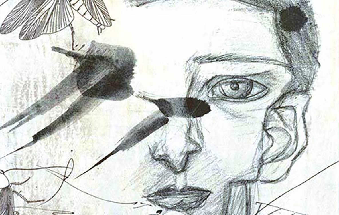 L'image représente un visage dessiné de manière artistique, avec des traits expressifs et un regard intense. Des mouches sont dessinées autour du visage, ajoutant une dimension dérangeante et symbolique à l'œuvre. Des éclaboussures d'encre noire et des lignes abstraites traversent l'image, créant un contraste entre le réalisme du visage et l'abstraction des éléments environnants. L'ensemble évoque une atmosphère sombre et captivante.