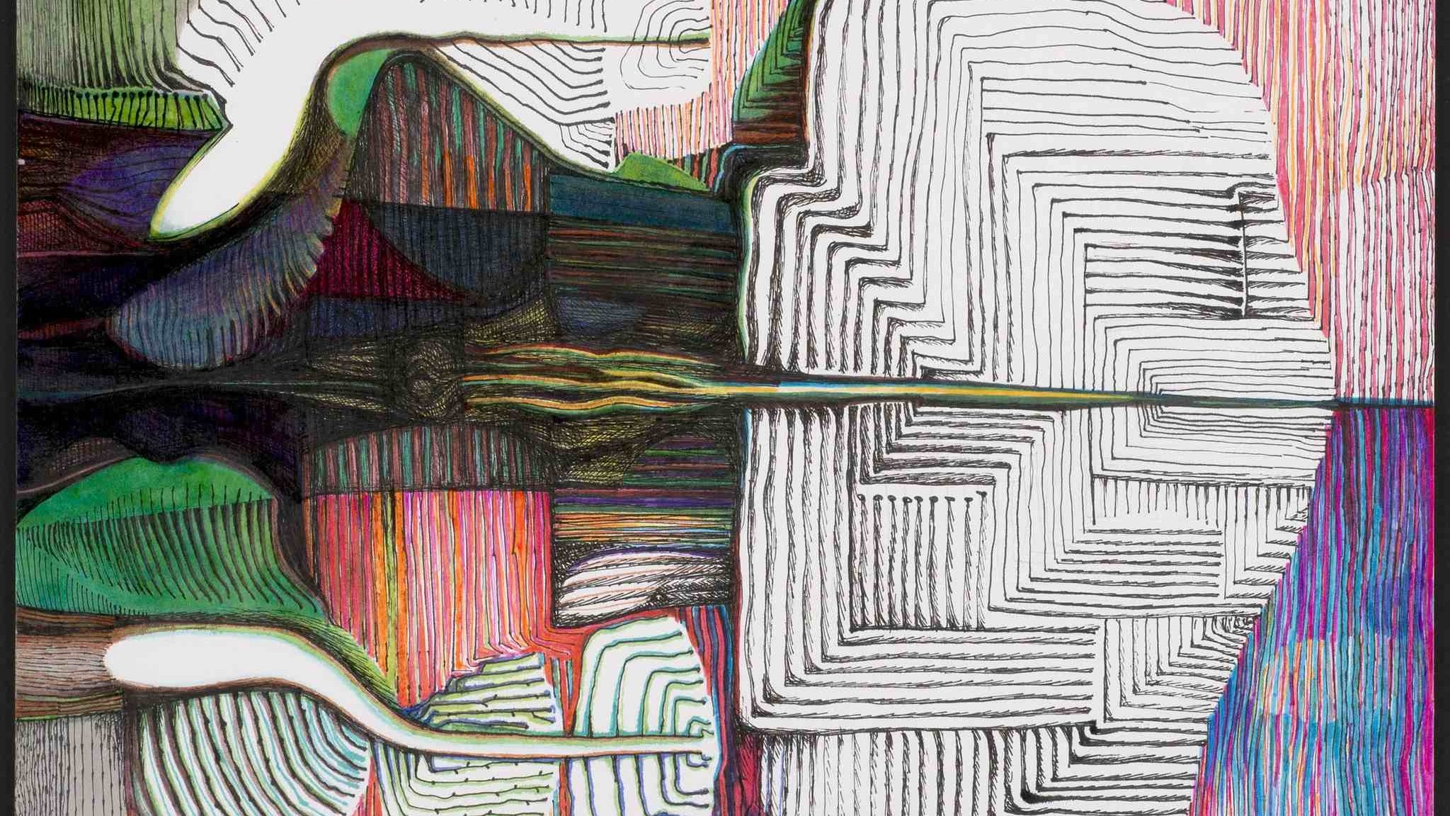 L'image présente une composition abstraite et colorée. On y voit des formes organiques similaires à des feuilles, qui se détachent sur un fond multicolore. Des motifs en noir et blanc créent des lignes fluides et géométriques, ajoutant une dimension graphique à l'œuvre. Les teintes vives et les contrastes entre les éléments créent une atmosphère dynamique et captivante. L'ensemble évoque une interaction entre la nature et l'art abstrait.