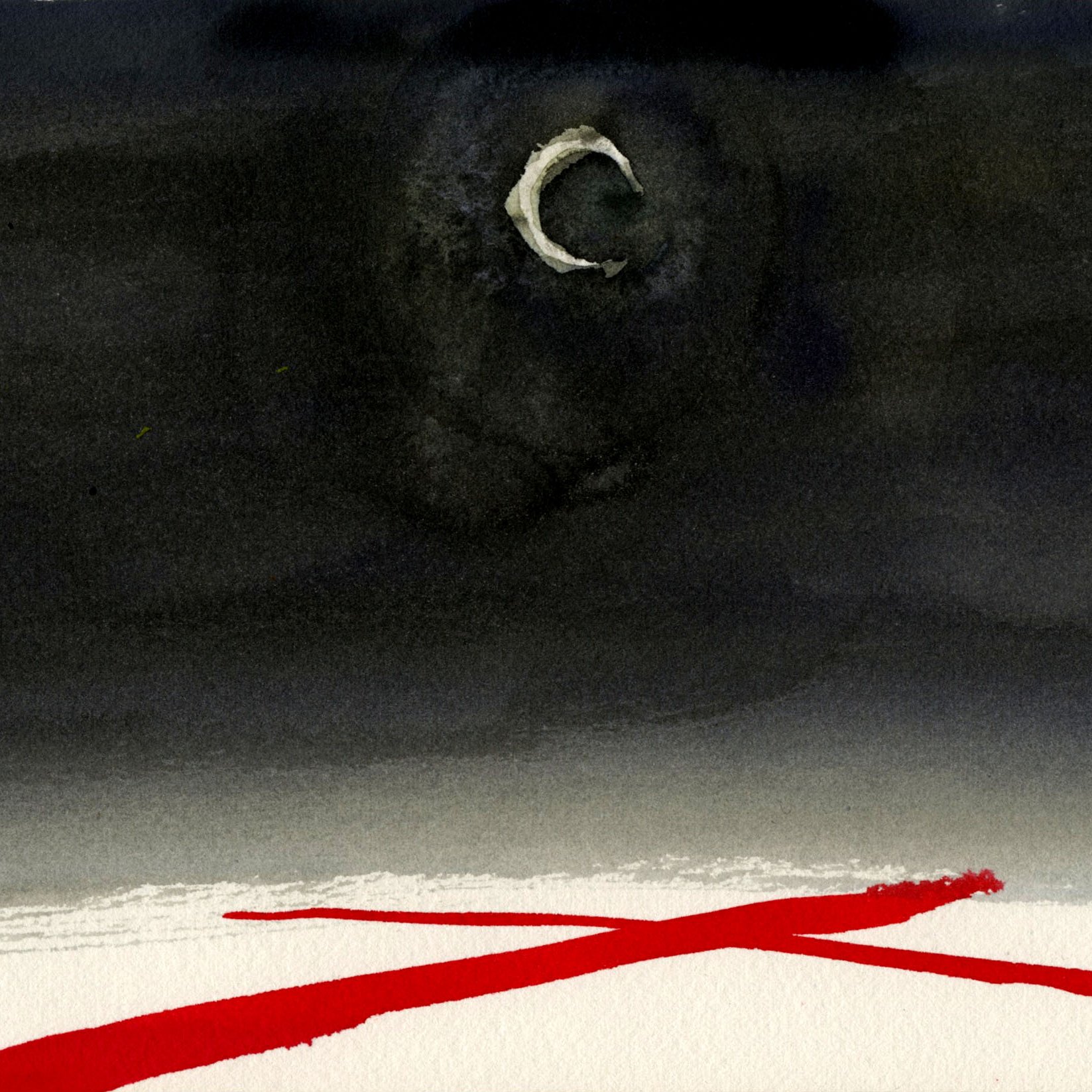 L'image présente un ciel sombre, presque noir, avec une lune croissante visible et mystérieuse. En bas, deux grandes lignes rouges croisées se détachent sur un fond plus clair, créant un effet de contraste fort. L'ambiance générale est à la fois énigmatique et expressive, suggérant une scène nocturne où le rouge vividement accentué attire l'œil.