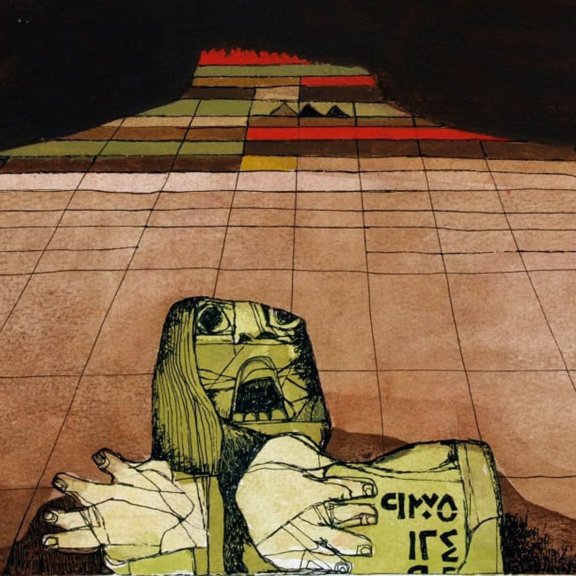 L'image présente une scène surréaliste avec des couleurs terreuses et des formes géométriques. Au premier plan, une figure humaine, peut-être une statue, semble émerger du sol. Elle a des traits anguleux et une posture désespérée, les bras étendus. À l'arrière-plan, on distingue une élévation ou une montagne, avec des motifs colorés, évoquant une ambiance mystérieuse. L'ensemble de l'œuvre semble communiquer des thèmes de détresse et de connexion à la terre. 