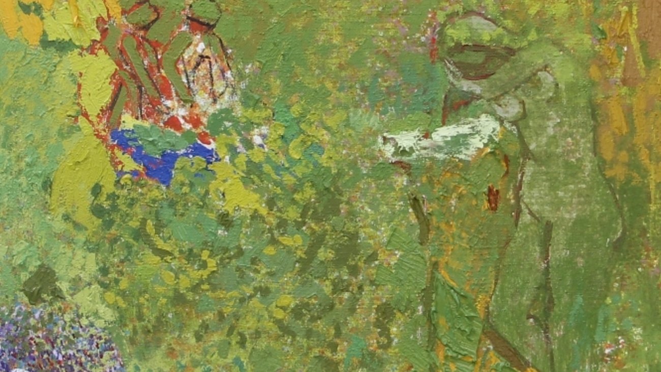 Une scène de nature vibrante avec des formes humaines floues et des couleurs éclatantes.