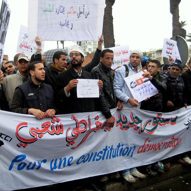 L'image montre un groupe de personnes lors d'une manifestation. Elles tiennent des pancartes et une grande banderole sur laquelle est inscrit en arabe et en français "Pour une constitution démocratique". Les manifestants semblent unis dans leur revendication, et l'environnement montre qu'ils se rassemblent probablement dans une ville, avec des palmiers en arrière-plan. L'atmosphère semble engagée et déterminée.