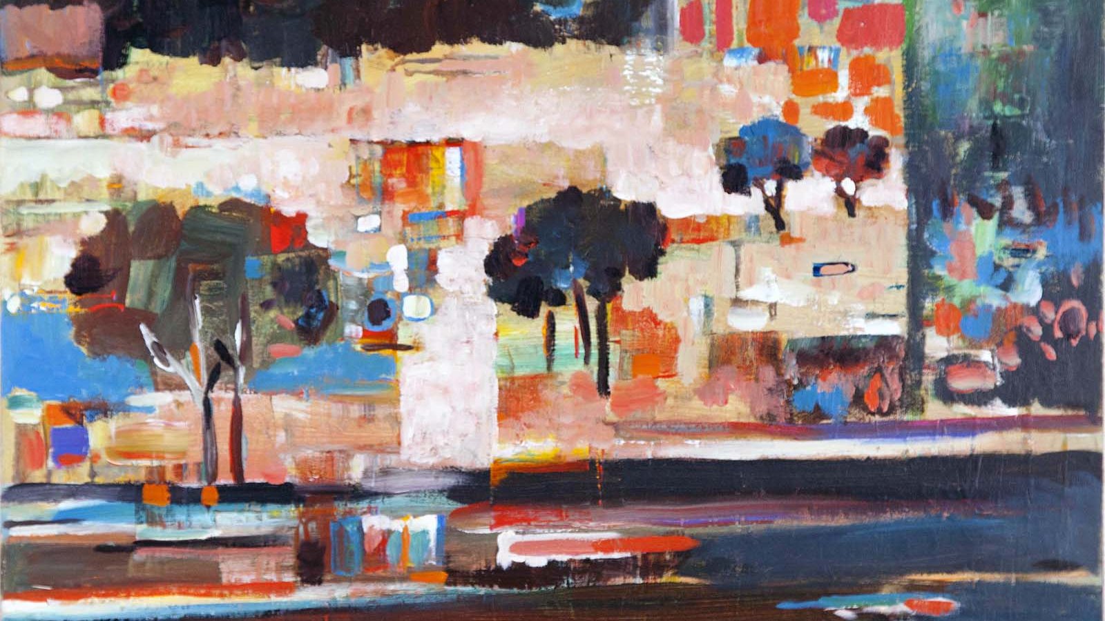 Cette image représente une œuvre abstraite, caractérisée par des aplats de couleurs vives et différentes textures. On peut y voir des formes organiques et des éléments qui évoquent peut-être un paysage urbain ou naturel, avec des arbres stylisés et des blocs de couleur. L'utilisation de teintes comme le bleu, le rouge, le vert et le blanc crée un contraste dynamique, ajoutant une sensation de mouvement et de profondeur à la composition. L'ensemble dégage une ambiance moderne et expressive.