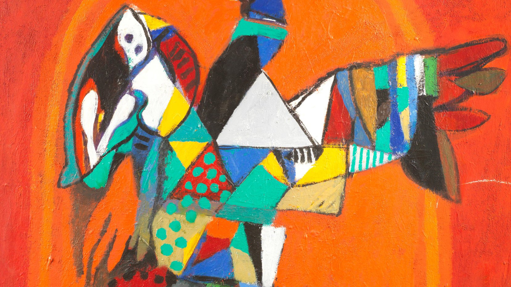 Composition colorée et géométrique avec des formes abstraites sur fond rouge.