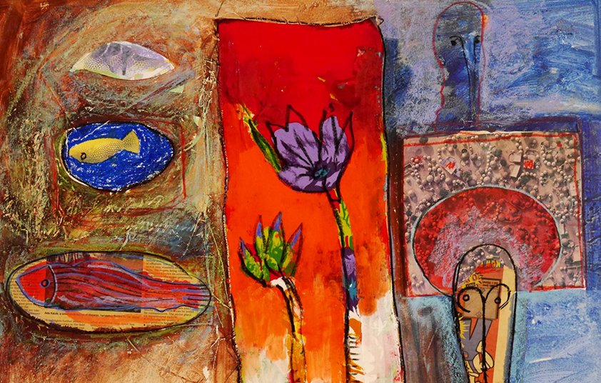 L'image présente une composition artistique colorée et abstraite. On y voit des formes variées, y compris des poissons stylisés, des fleurs et des figures humaines. Les couleurs dominantes incluent des rouges, des bleus et des oranges, créant un contraste vibrant. Les éléments semblent être juxtaposés de manière à évoquer des émotions et des réflexions, caractéristique des œuvres modernes. La texture est riche, avec une impression tactile qui attire l'œil.