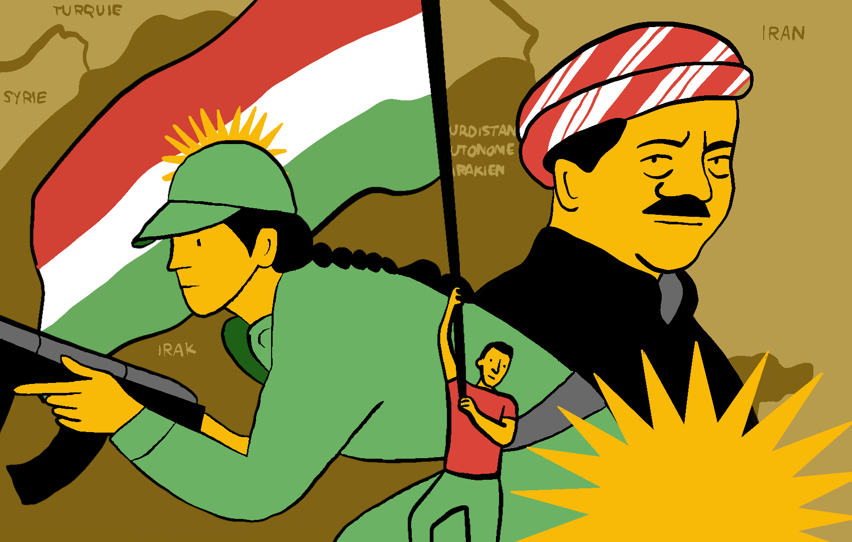 این تصویر شامل یک نقشه منطقه است که کشورهای ایران، عراق، ترکیه و سوریه را نشان می‌دهد. در تصویر، یک زن با لباس نظامی و کلاهی سبز رنگ در حال حمل پرچم کردستان است. او یک اسلحه در دستانش دارد. در کنار او، یک مرد کوچک‌تر به نمادین در حال یاری‌رسانی به اوست. همچنین، تصویری از یک شخصیت که به نظر می‌رسد یک رهبر کرد است، در سمت راست قرار دارد. در قسمت پایین تصویر، یک نور خورشید یا شعله زرد رنگ وجود دارد که به تصویر انرژی و حیات می‌بخشد.