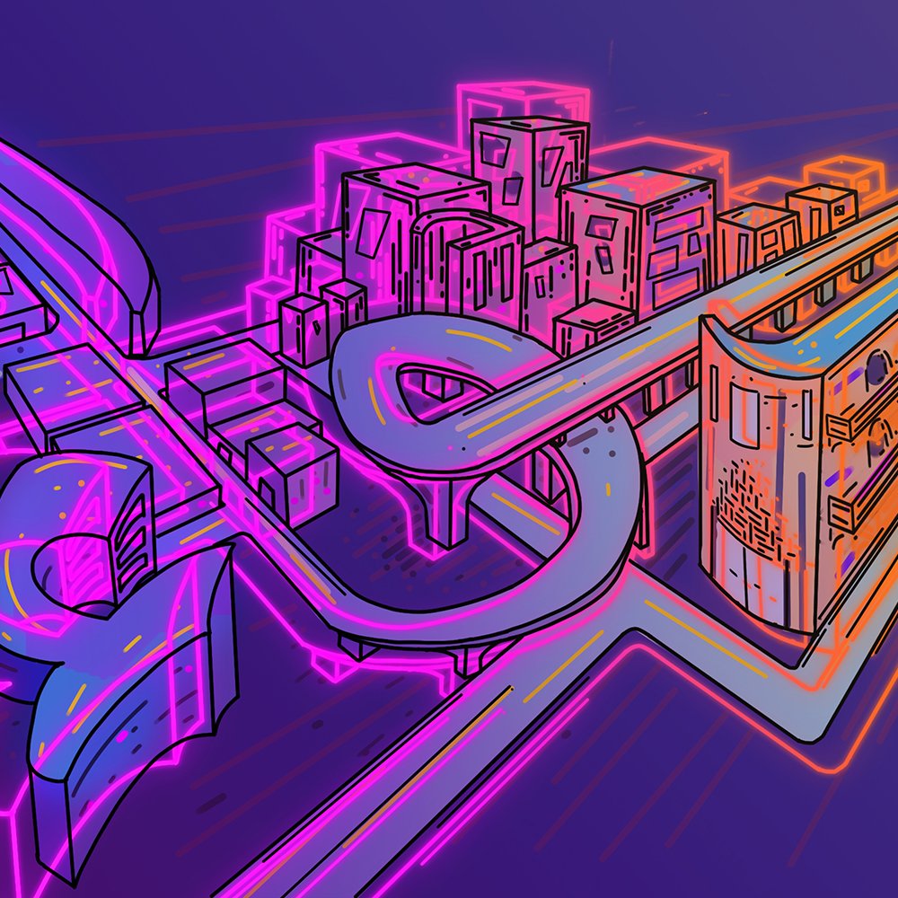 تظهر في الصورة رسم متجدد يجمع بين أشكال هندسية ونوافذ مستوحاة من المدن الحديثة. الألوان الزاهية، مثل الوردي والبرتقالي، تضفي على الصورة طابعًا عصريًا وحيويًا. هناك تفاصيل معمارية تبدو كأنها تمثل مباني ومرافق حضرية، بينما يتداخل معها انحناءات وخطوط تعبر عن الحركة والديناميكية. تعكس هذه العناصر مجتمعة شعورًا بالابتكار والتقدم.