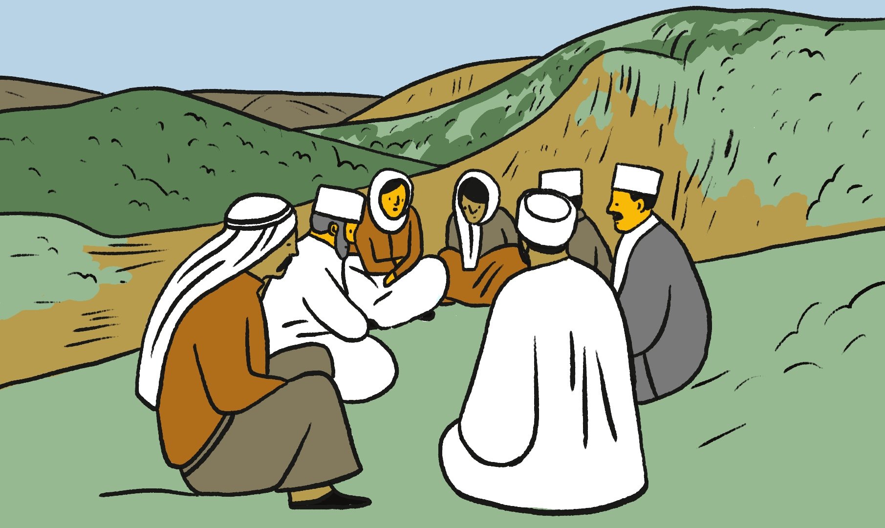 L'image représente un groupe de personnes assises en cercle sur un terrain verdoyant. Elles semblent engagées dans une conversation ou une discussion. Les individus portent des vêtements traditionnels, avec des couvre-chefs distinctifs. En arrière-plan, on voit des collines douces et un ciel clair, créant une atmosphère paisible et conviviale.