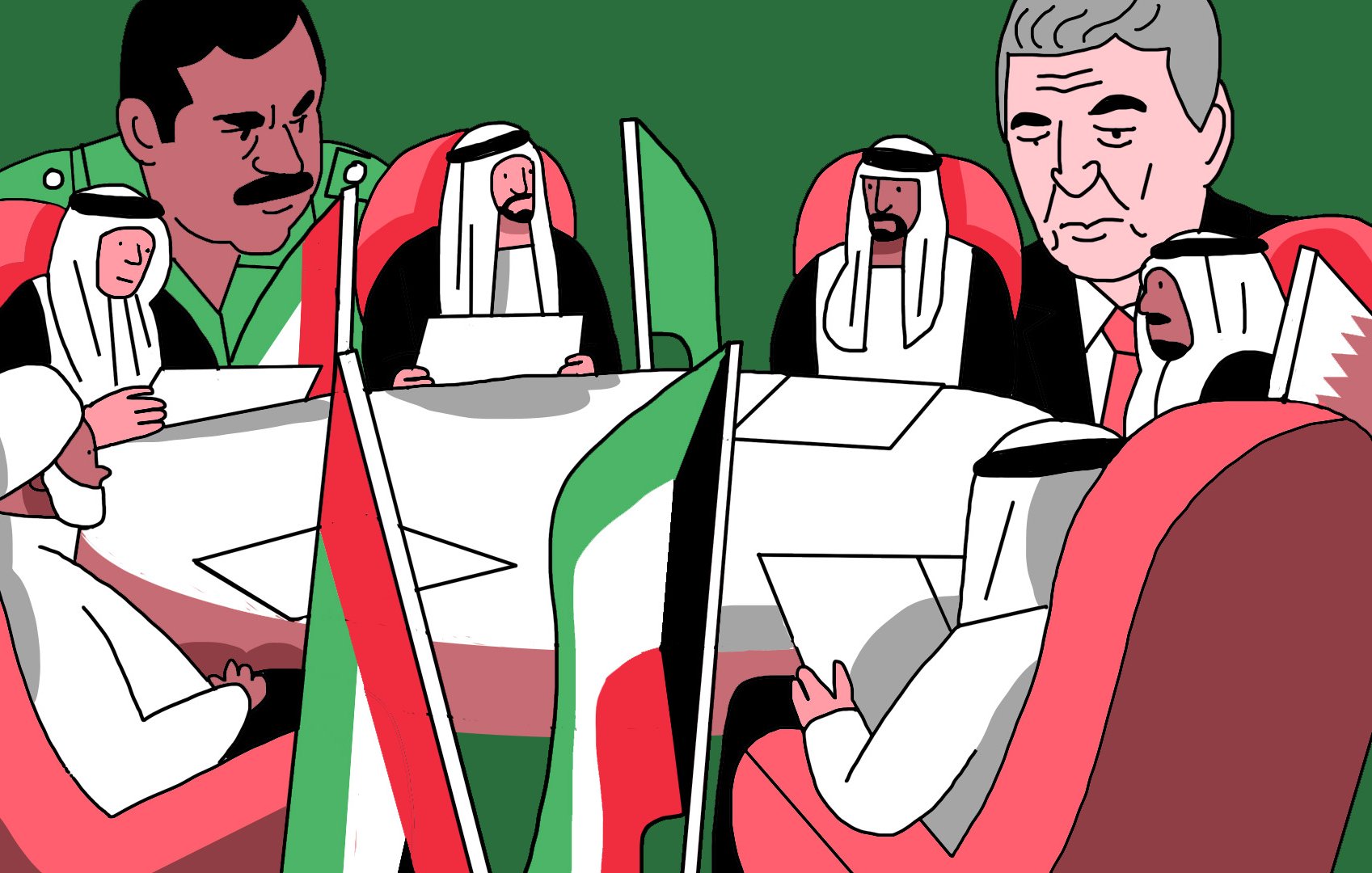 La imagen muestra una reunión en la que varias personas con vestimenta tradicional árabe están sentadas alrededor de una mesa. Hay banderas de México y otros países visibles en la mesa. Un hombre con un uniforme militar parece estar observando la discusión. El ambiente sugiere un encuentro diplomático o una conferencia entre líderes de distintas naciones, con un fondo de color verde que destaca la escena.