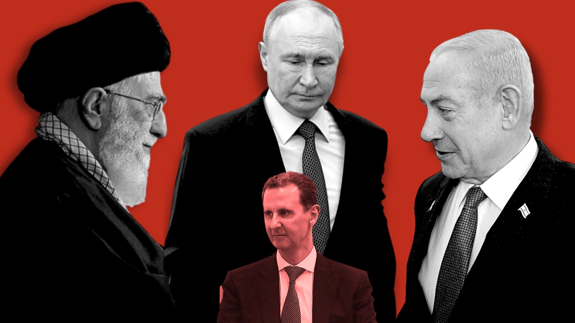 در این تصویر، چهار شخصیت سیاسی مهم به نمایش درآمده‌اند. در سمت چپ، یک فرد با کلاهی مشکی و ریش سفید قرار دارد که نمایانگر مقام مذهبی است. در کنار او، مردی با کت و کراوات تیره نیز دیده می‌شود که حالتی جدی دارد. در سمت راست، مرد دیگری با کت و کراوات روشن نشسته است و به نظر می‌رسد که توجهش به فرد دیگر در تصویر جذب شده است. پس‌زمینه تصویر قرمز است و به نظر می‌رسد که این افراد در حال انجام گفت‌وگو یا تعامل هستند.