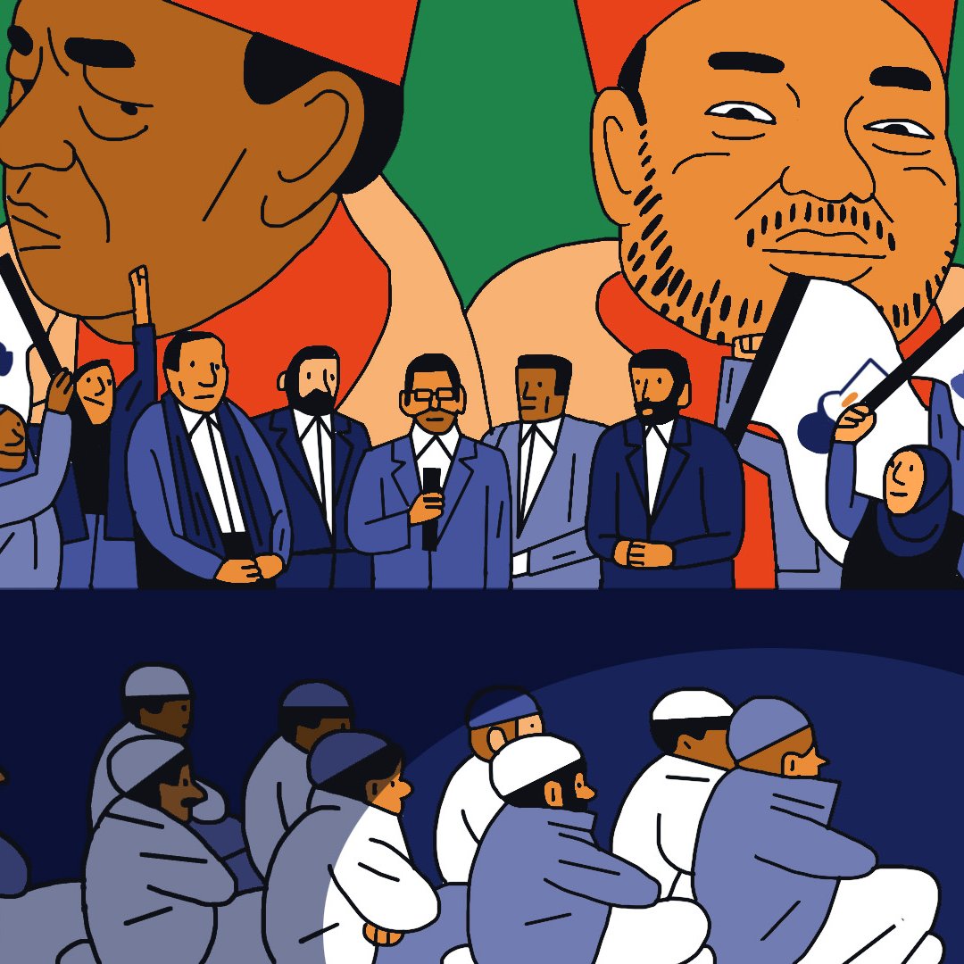 L'image présente deux parties distinctes. Dans la partie supérieure, on voit deux personnages au regard imposant, portant des chapeaux rouges, entourés d'un groupe de personnes qui semblent célébrer ou exprimer leur soutien. Ces personnes sont habillées en costumes formels et tiennent des drapeaux ou des pancartes. Dans la partie inférieure, un groupe de personnes est assis en cercle, vraisemblablement en train d'écouter un individu qui se tient debout et leur parle. Ces personnes sont vêtues de manière plus traditionnelle, et l'atmosphère semble différente, peut-être plus sérieuse ou contemplative. L'arrière-plan de la partie inférieure est sombre, tandis que la partie supérieure est colorée et dynamique.