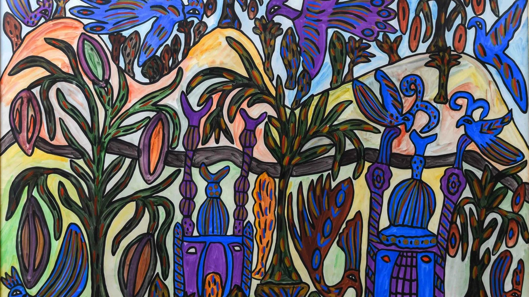 L'image présente une scène colorée et stylisée, remplie de motifs vibrants et de formes abstraites. On y voit des arbres, des plantes et des animaux, tous rendus avec des lignes noires et des couleurs vives comme le bleu, le vert et le rouge. Des montagnes en arrière-plan ajoutent de la profondeur à la composition, tandis que des oiseaux et d'autres éléments naturalistes s'entrelacent, créant une ambiance dynamique et joyeuse. L'ensemble évoque un univers fantaisiste et plein de vie.