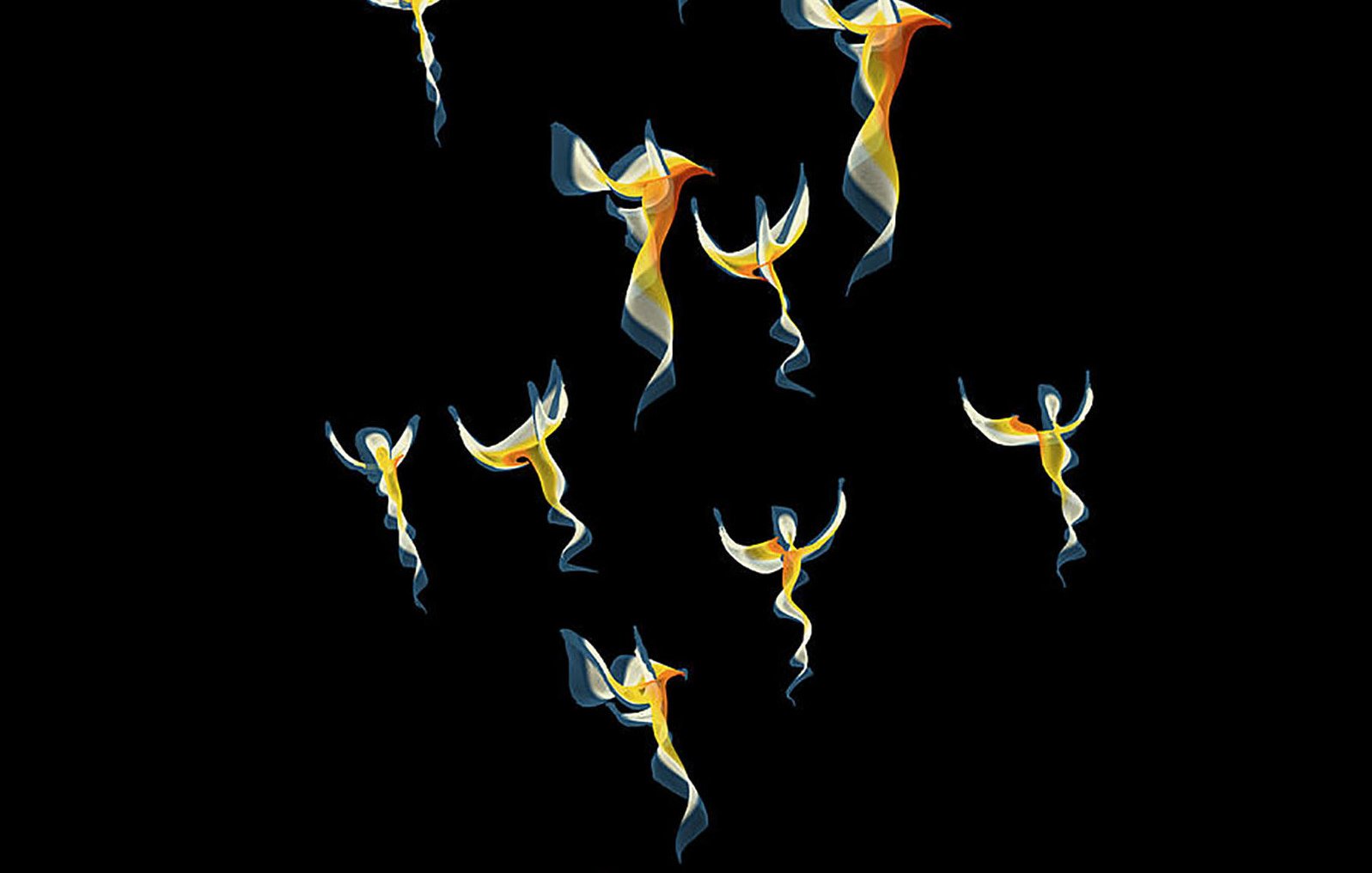 الصورة تظهر مجموعة من الأشكال المجردة التي تمثل كائنات مضيئة أو ملائكة، تتنوع ألوانها بين البرتقالي والأصفر والأزرق، وتبدو وكأنها تتراقص في الفضاء. يتوزع هذه الكائنات بشكل ديناميكي على خلفية سوداء، مما يبرز الألوان والتفاصيل بشكل جميل ويخلق شعورًا بالحركة والحرية.