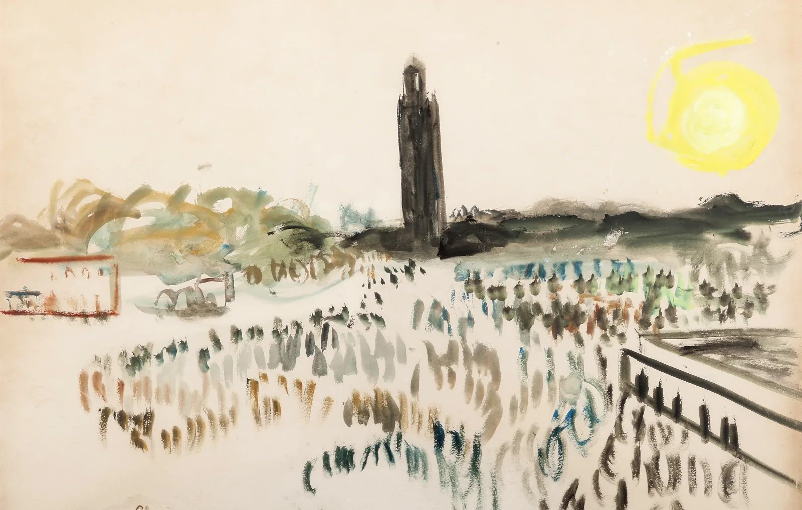 L'image semble représenter une scène urbaine avec des foules. On peut apercevoir un grand bâtiment en arrière-plan, probablement une tour, sous un ciel ensoleillé. Les couleurs utilisées sont douces et un peu floues, évoquant une ambiance artistique. La lumière du soleil, représentée par un cercle jaune, éclaire la scène, tandis que des silhouettes de personnes se mêlent à l'environnement, créant une atmosphère vivante et animée.