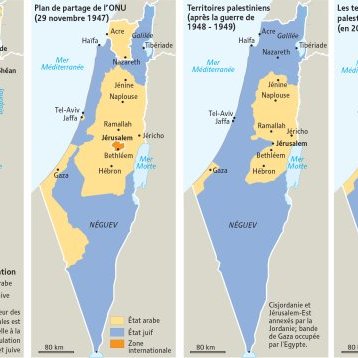 L'image présente une série de cartes indiquant l'évolution des territoires palestiniens et israéliens entre 1922 et 2012. 1. **Palestine mandatée (1922-1948)** : Elle montre la Palestine sous mandat britannique, avec des frontières définies. 2. **Plan de partage de l'ONU (29 novembre 1947)** : Cette carte illustre la proposition de partage des territoires entre un État juif et un État arabe, avec des zones hachurées. 3. **Territoires palestiniens (1948-1949)** : Elle représente la situation géographique après la guerre de 1948, indiquant les changements de contrôle territorial. 4. **Territoires palestiniens (2012)** : Celle-ci montre la situation actuelle des territoires palestiniens en termes de superficie et de population, ainsi que la répartition des zones administratives. L'image met en évidence les tensions géopolitiques et l'évolution des frontières au cours du temps.