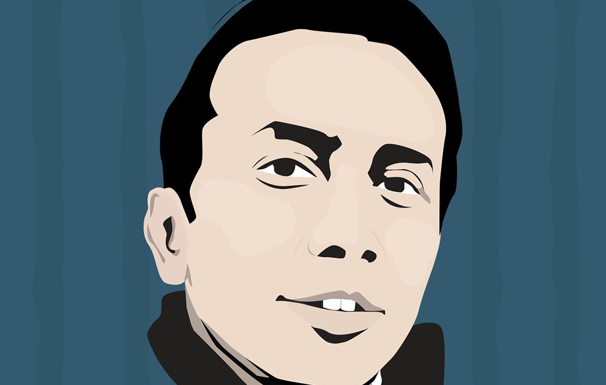 این تصویر یک تصویر وکتوری یا نقاشی دیجیتال است که چهره یک مرد را نشان می‌دهد. او دارای موهای تیره و کوتاه است و لبخند ملایمی بر لب دارد. زمینه تصویر به رنگ آبی تیره و با خط‌های عمودی طراحی شده است، که باعث برجسته‌تر شدن چهره می‌شود. چهره به شکل ساده و کم‌جزئیات طراحی شده و توجه بیننده را به خود جلب می‌کند.