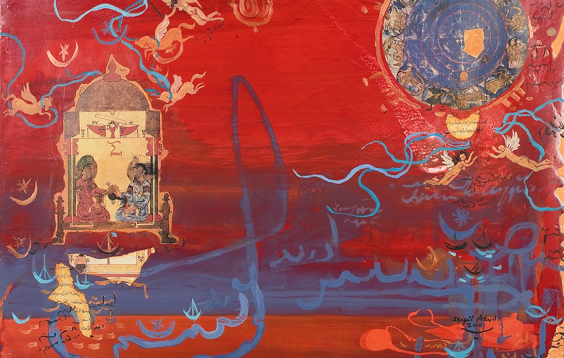 L'image présente une composition riche et colorée, dominée par des tons rouges. On peut y voir des éléments figuratifs, comme une structure évoquant un palais ou un temple en haut à gauche, où deux figures semblent interagir. En arrière-plan, un cercle bleu, probablement un ciel ou un symbole cosmique, ajoute une dimension d'émerveillement. Des motifs fluides, comme des lignes ondulées et des formes stylisées, traversent l'espace, créant un sens de mouvement. L'ensemble dégage une atmosphère mystérieuse et dynamique, mêlant des influences culturelles variées.