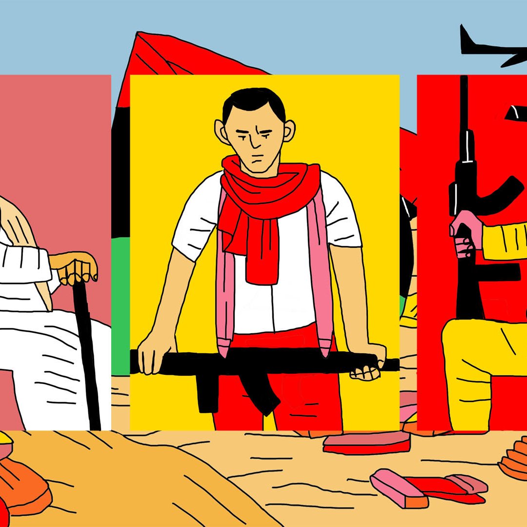 L'image présente trois personnages stylisés sur un fond désertique. À gauche, un homme âgé, vêtu de manière traditionnelle avec un chapeau rouge, est assis avec une canne. Au centre, un homme jeune porte un t-shirt blanc et une écharpe rouge, tenant une grande arme. À droite, un homme habillé en noir et jaune, au posture confiante, tient également une arme. Le fond de l'image est coloré avec des éléments graphiques, ajoutant une dimension dynamique à la scène.