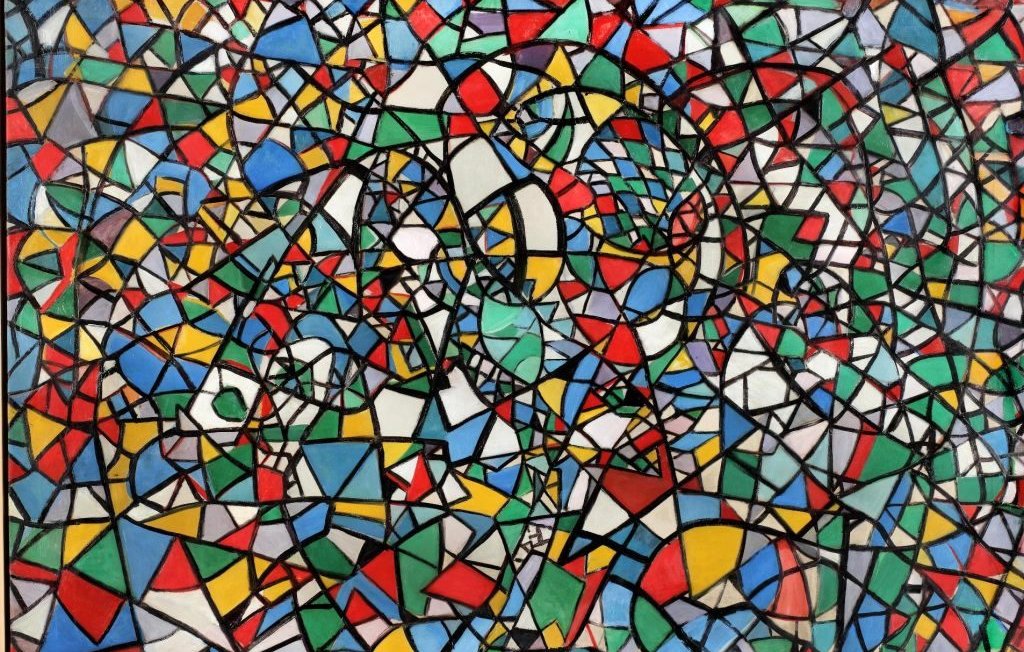 L'image que vous avez partagée présente une composition abstraite riche en couleurs. On peut y voir une multitude de formes géométriques variées, telles que des triangles, des cercles et des rectangles, réparties dans un style de mosaïque. Les couleurs dominantes incluent le rouge, le bleu, le vert, et le jaune, créant un contraste dynamique. Les contours noirs délimitent les formes, ajoutant de la structure à l'ensemble et donnant une impression d'énergie et de mouvement. C'est une œuvre qui invite à l'interprétation et à l'exploration visuelle.