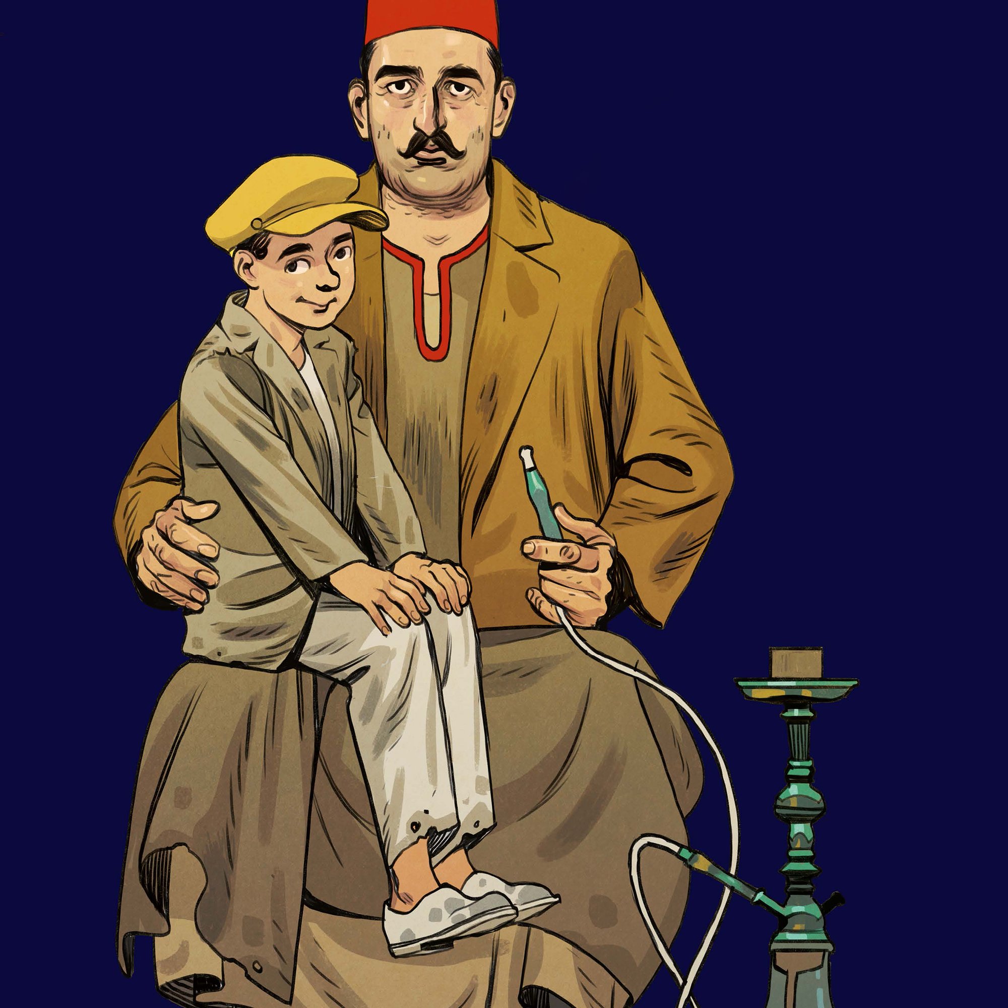 در این تصویر، مردی با کلاهی قرمز (فز) و لباس سنتی نشسته است. او در آغوشش پسری را دارد که لباس ساده‌تری به تن دارد و با ظاهری معصوم به نظر می‌رسد. مرد در حال سرو کردن قلیانی است که در کنار آنها قرار دارد. پس‌زمینه تصویر به رنگ سرمه‌ای است که توجه بیننده را به شخصیت‌ها جلب می‌کند. این تصویر به نوعی فرهنگ سنتی و اجتماعی را به نمایش می‌گذارد.