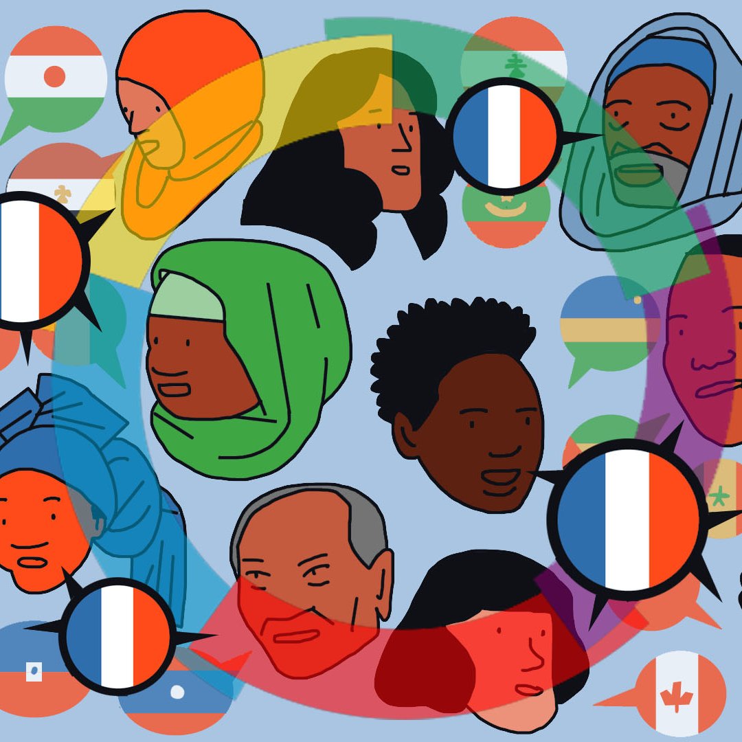 L'image présente un ensemble de visages et d'expressions qui semblent représenter des personnes de différentes origines culturelles. On y voit des personnes portant des vêtements traditionnels, des foulards et des turbans, ainsi que des arrière-plans colorés avec des drapeaux de différents pays. Au centre, des bulles de dialogue indiquent la langue française, ce qui suggère une thématique de communication et d'échange culturel. L'ensemble dégage une ambiance conviviale et inclusive.