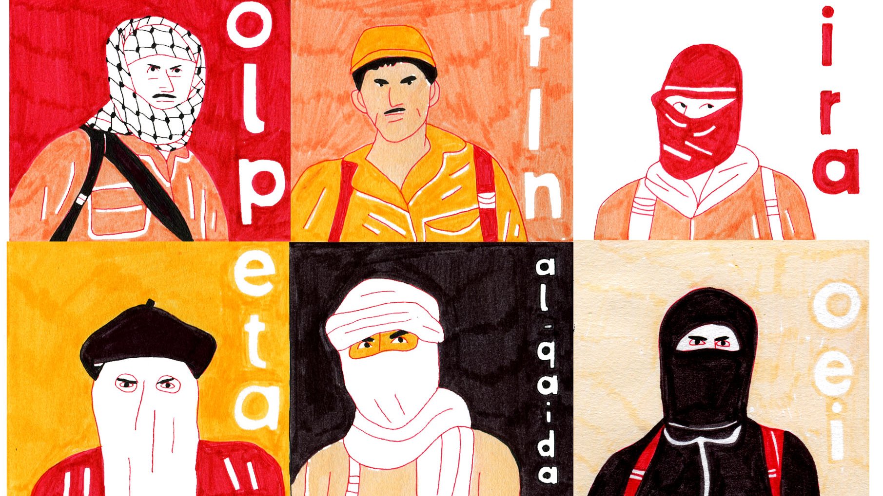 La imagen presenta un collage de seis personajes en un estilo artístico colorido. Cada personaje está representado con diferentes vestimentas y rostros parcialmente cubiertos, lo que sugiere una temática relacionada con grupos militantes o conflictos. Los colores de fondo varían entre tonos cálidos y fríos. Las palabras "olpeta", "final", "ira" y "al-qaida" están visibles, lo que podría indicar un mensaje de protesta o un comentario sobre la guerra y el extremismo. La obra utiliza una mezcla de técnicas de dibujo y pintura para crear una atmósfera impactante.