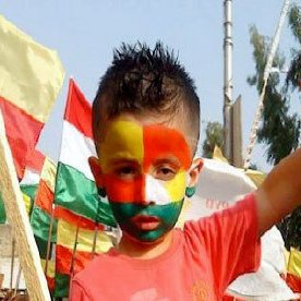 L'image montre un jeune garçon au milieu d'une manifestation ou d'une célébration. Il a le visage peint aux couleurs du drapeau, probablement inspirées par les couleurs du Cameroun, avec des nuances de vert, rouge et jaune. Il porte un t-shirt rouge et affiche un signe de paix avec sa main, tout en étant entouré de drapeaux aux couleurs similaires. L'atmosphère semble festive et engagée.