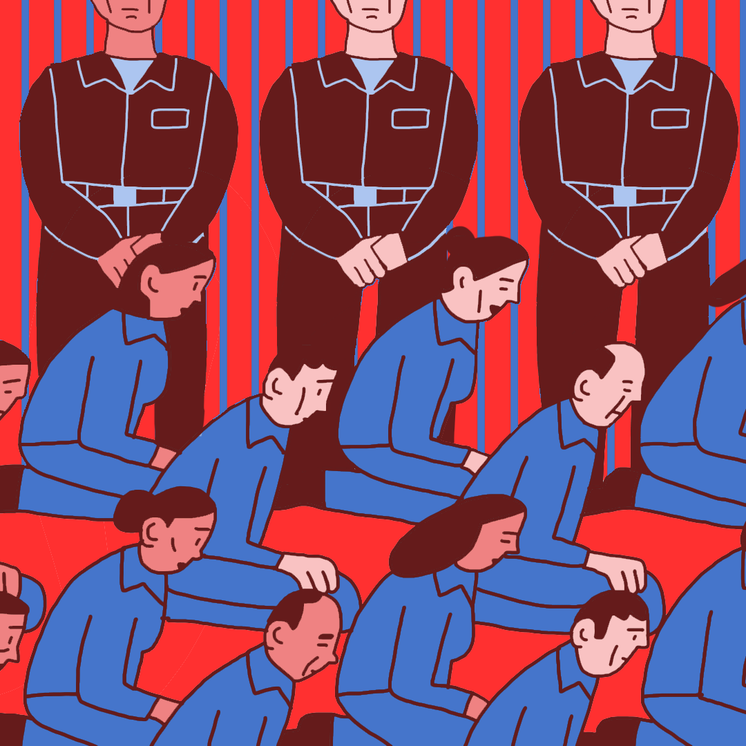 L'image présente un groupe de personnes en position de genoux, semblant être en détresse. Elles portent des vêtements bleus et affichent des expressions de tristesse ou de soumission. À l'arrière-plan, on voit des figures en uniforme noir, les bras croisés, se tenant debout. L'ensemble est sur un fond rouge rayé, ce qui crée un contraste frappant avec les couleurs des personnages. L'atmosphère de l'image évoque des thèmes de répression ou de désespoir.