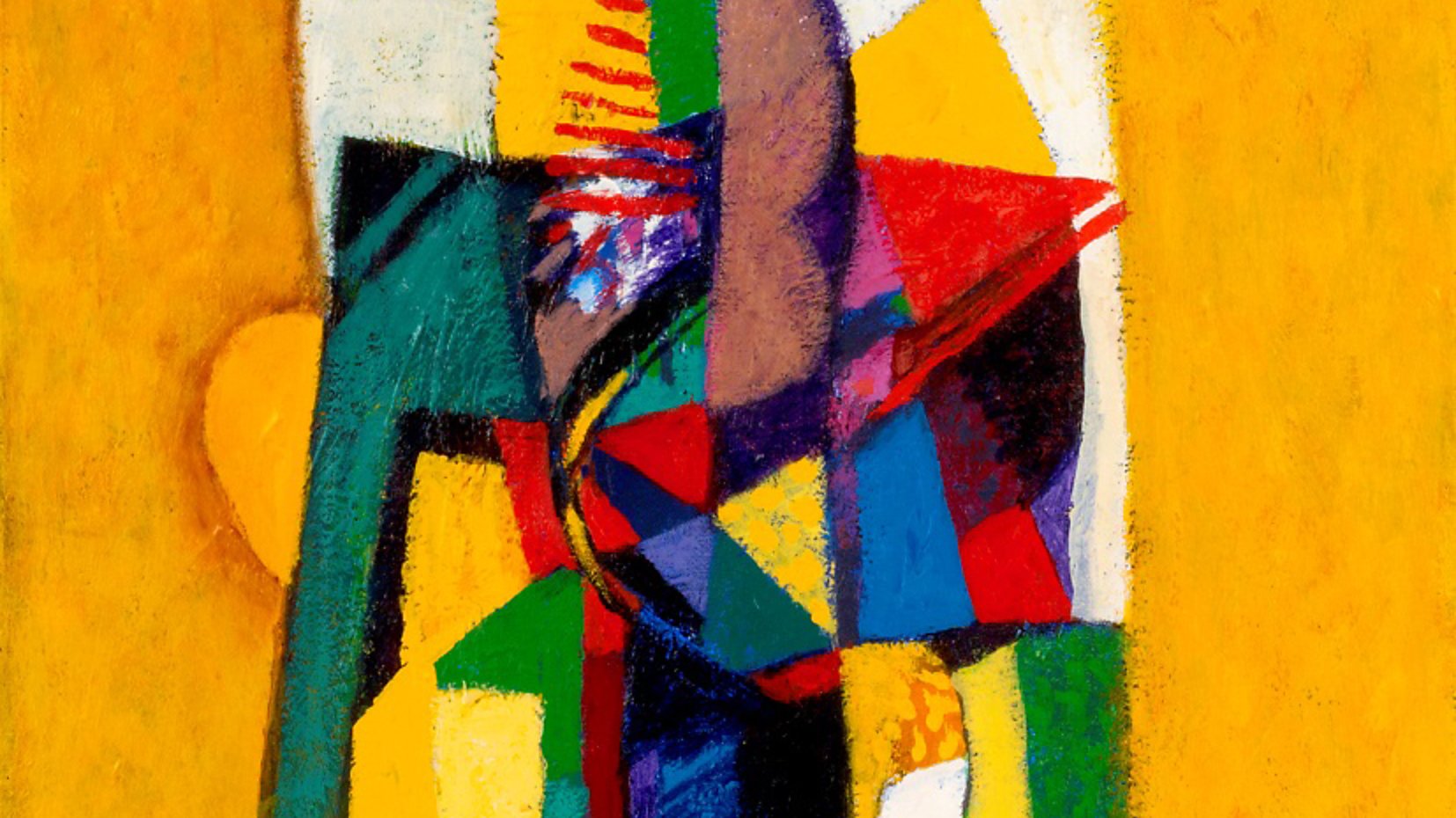 Cette image représente une composition abstraite aux couleurs vives. Le fond est d'un jaune éclatant, tandis que le centre de la toile présente une série de formes géométriques et organiques enchevêtrées. On y trouve des triangles, des cercles, et des lignes, le tout dans une palette de couleurs variées comme le rouge, le bleu, le vert et le noir. Les éléments semblent interagir les uns avec les autres, créant un sentiment de dynamisme et de mouvement. L'œuvre évoque une exploration des formes et des couleurs, caractéristique de l'art abstrait.